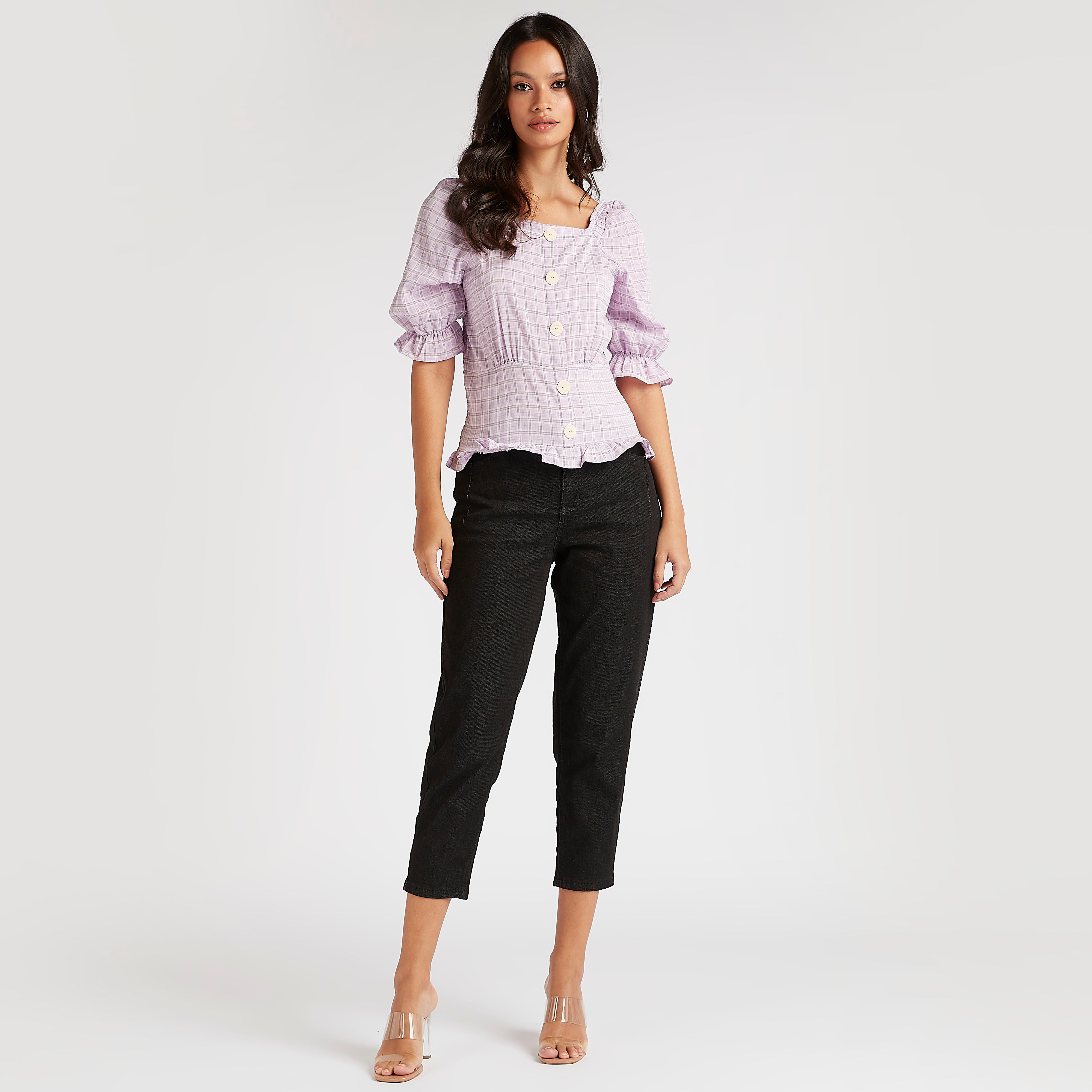 بلوزة كاروهات بياقة مربّعة وأكمام 3/4 من تو إكستريمز-women-clothing-shirtsandblouses-blouses-image-3