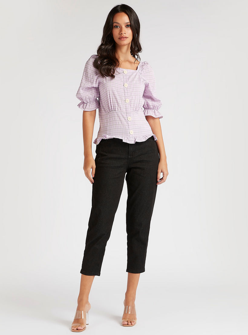 بلوزة كاروهات بياقة مربّعة وأكمام 3/4 من تو إكستريمز-women-clothing-shirtsandblouses-blouses-image-3