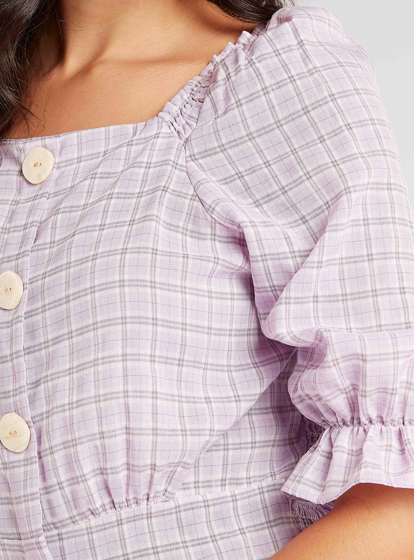 بلوزة كاروهات بياقة مربّعة وأكمام 3/4 من تو إكستريمز-women-clothing-shirtsandblouses-blouses-image-2