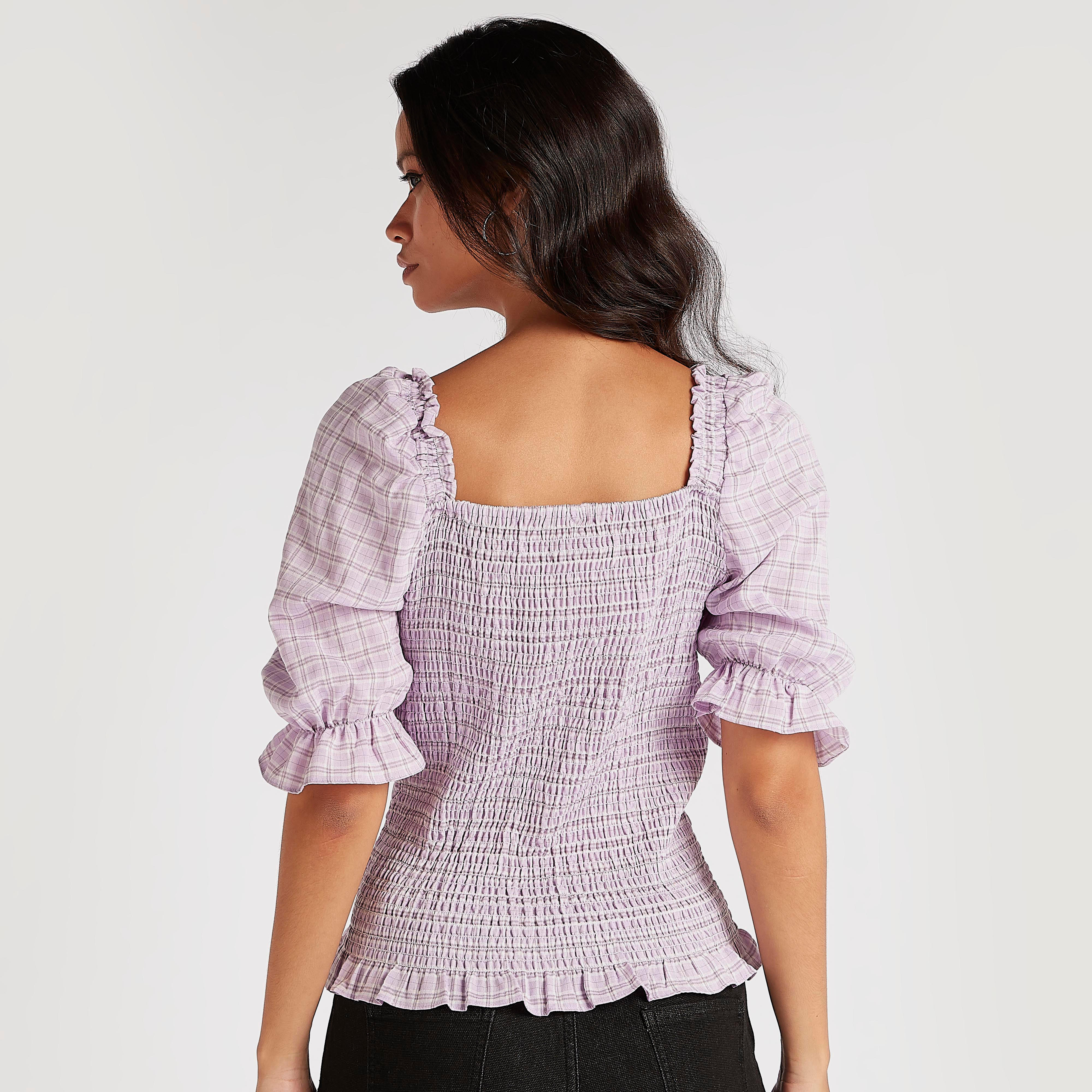 بلوزة كاروهات بياقة مربّعة وأكمام 3/4 من تو إكستريمز-women-clothing-shirtsandblouses-blouses-image-1