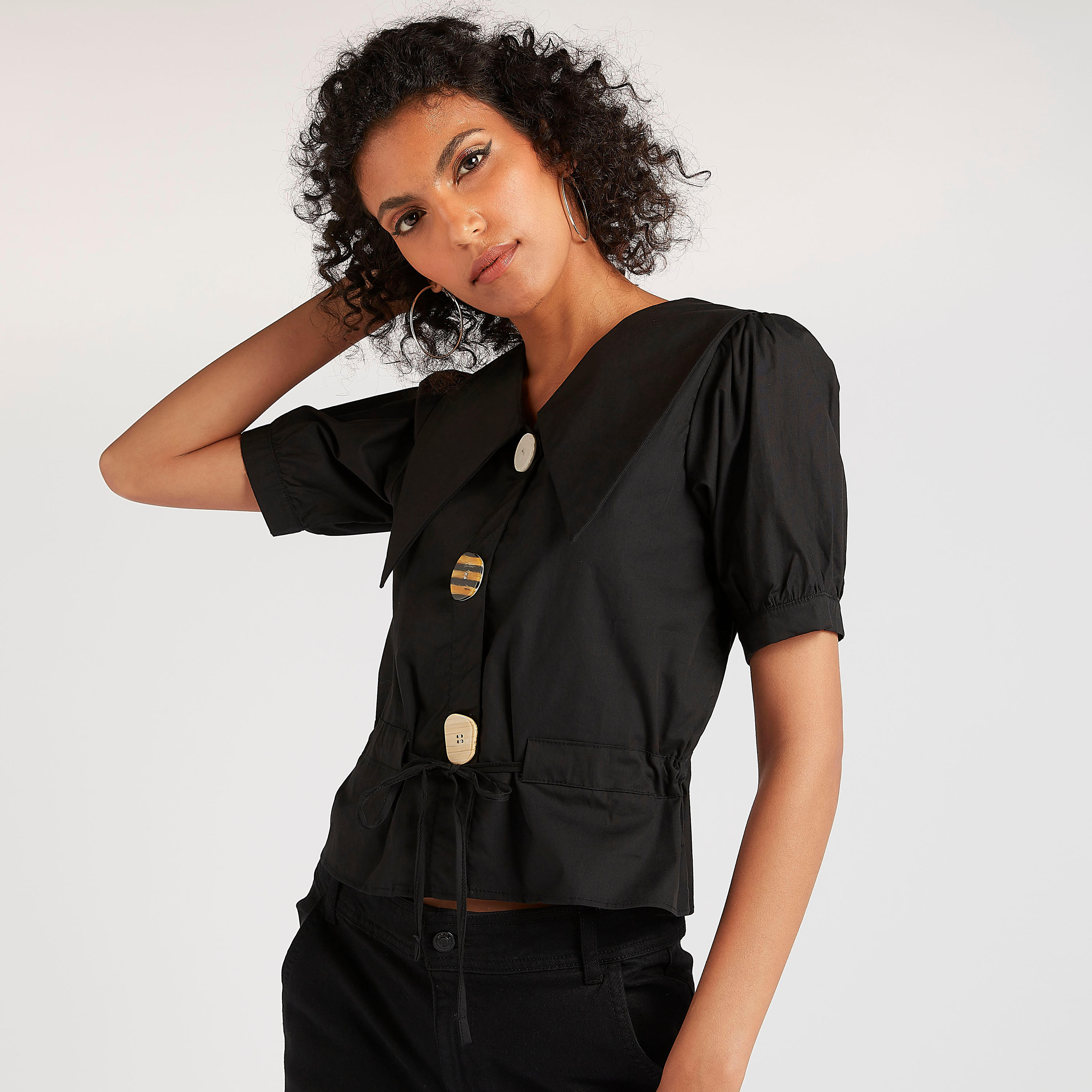 2Xtremz Solid Crop Top with Collar and Drawstring Closure-women-clothing-shirtsandblouses-blouses-image-1