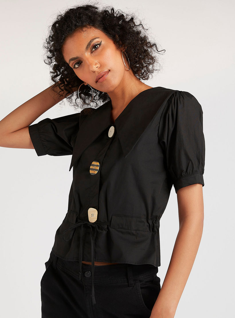 2Xtremz Solid Crop Top with Collar and Drawstring Closure-women-clothing-shirtsandblouses-blouses-image-1