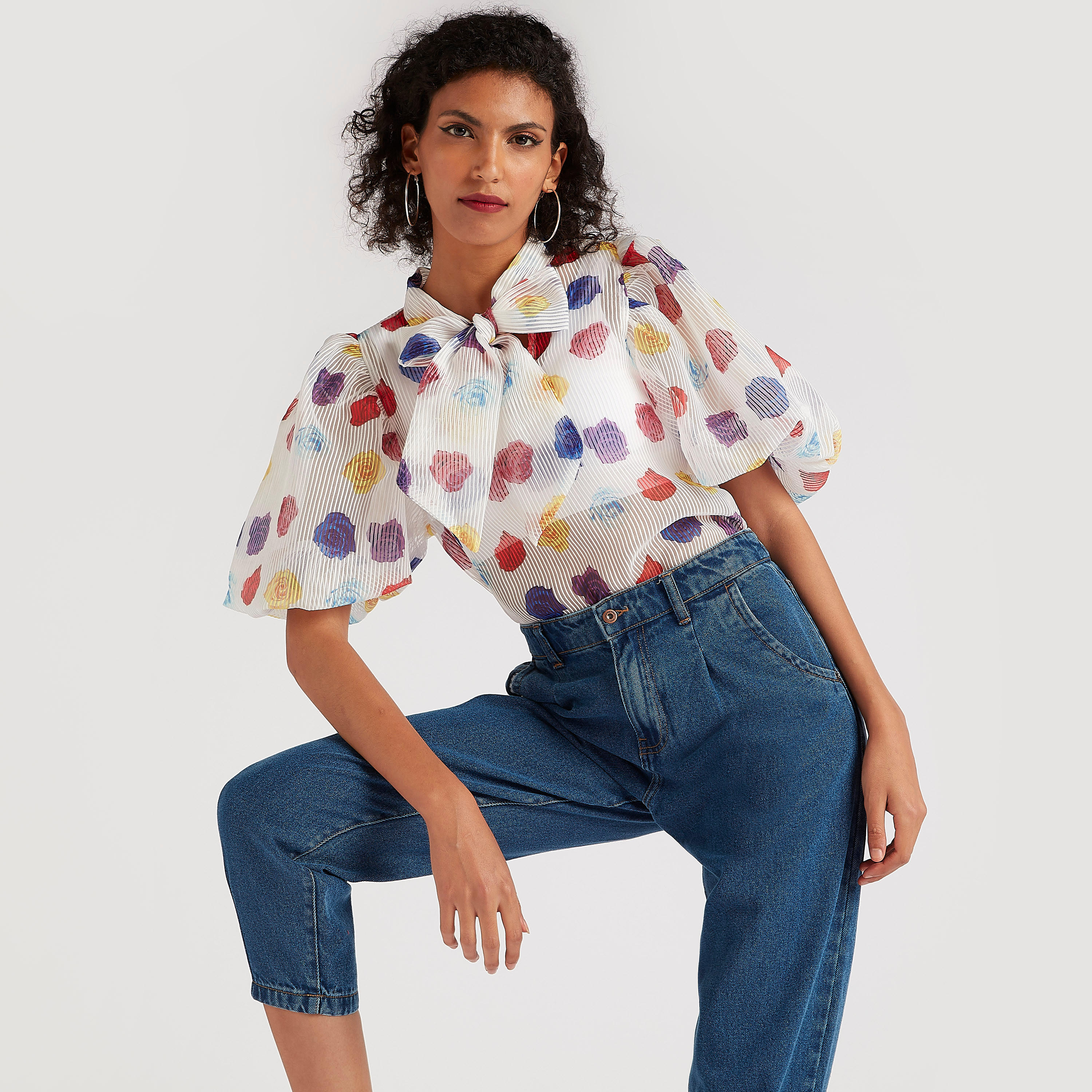 2Xtremz Printed Tie-Neck Top with Balloon Sleeves-women-clothing-shirtsandblouses-blouses-image-1