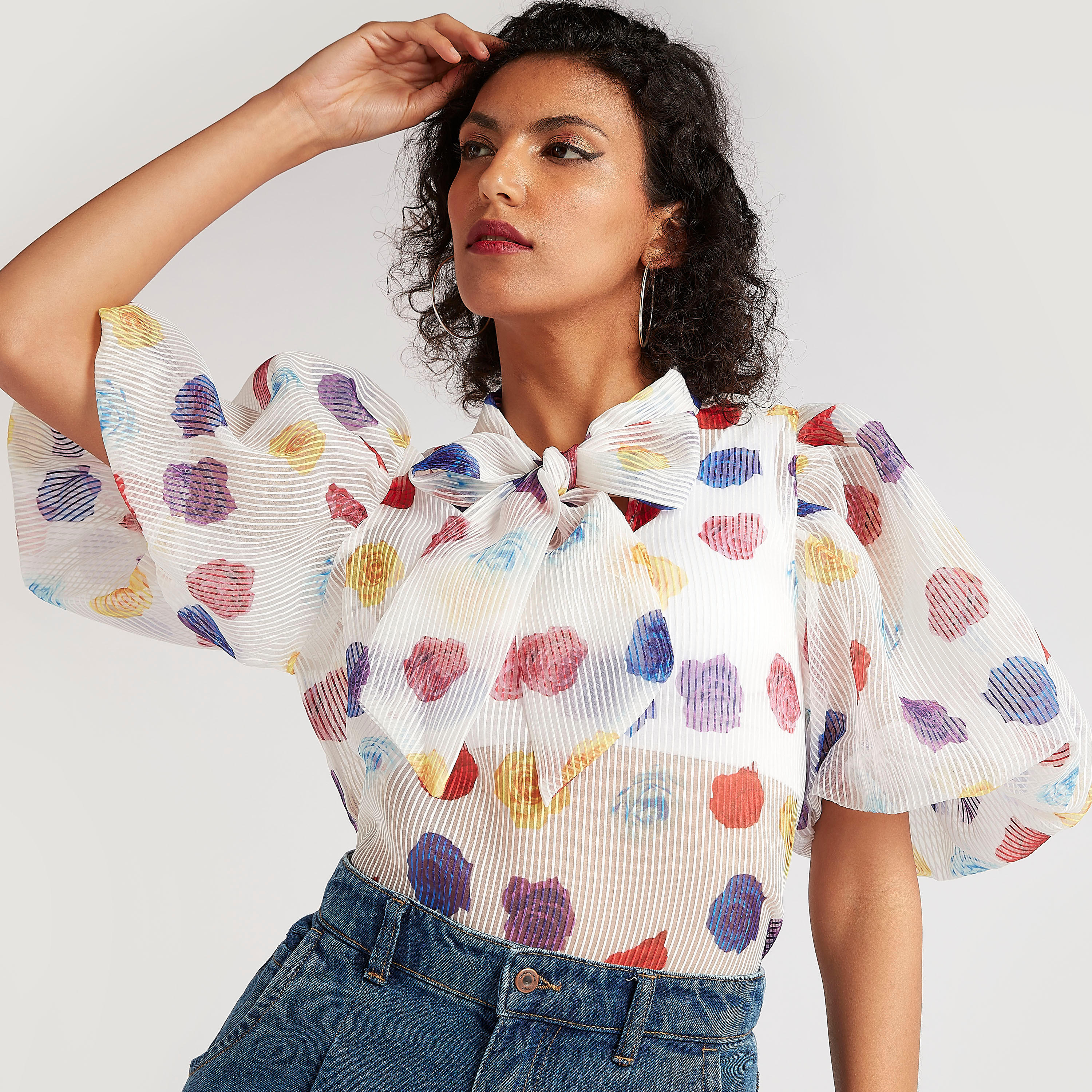 2Xtremz Printed Tie-Neck Top with Balloon Sleeves-women-clothing-shirtsandblouses-blouses-image-3