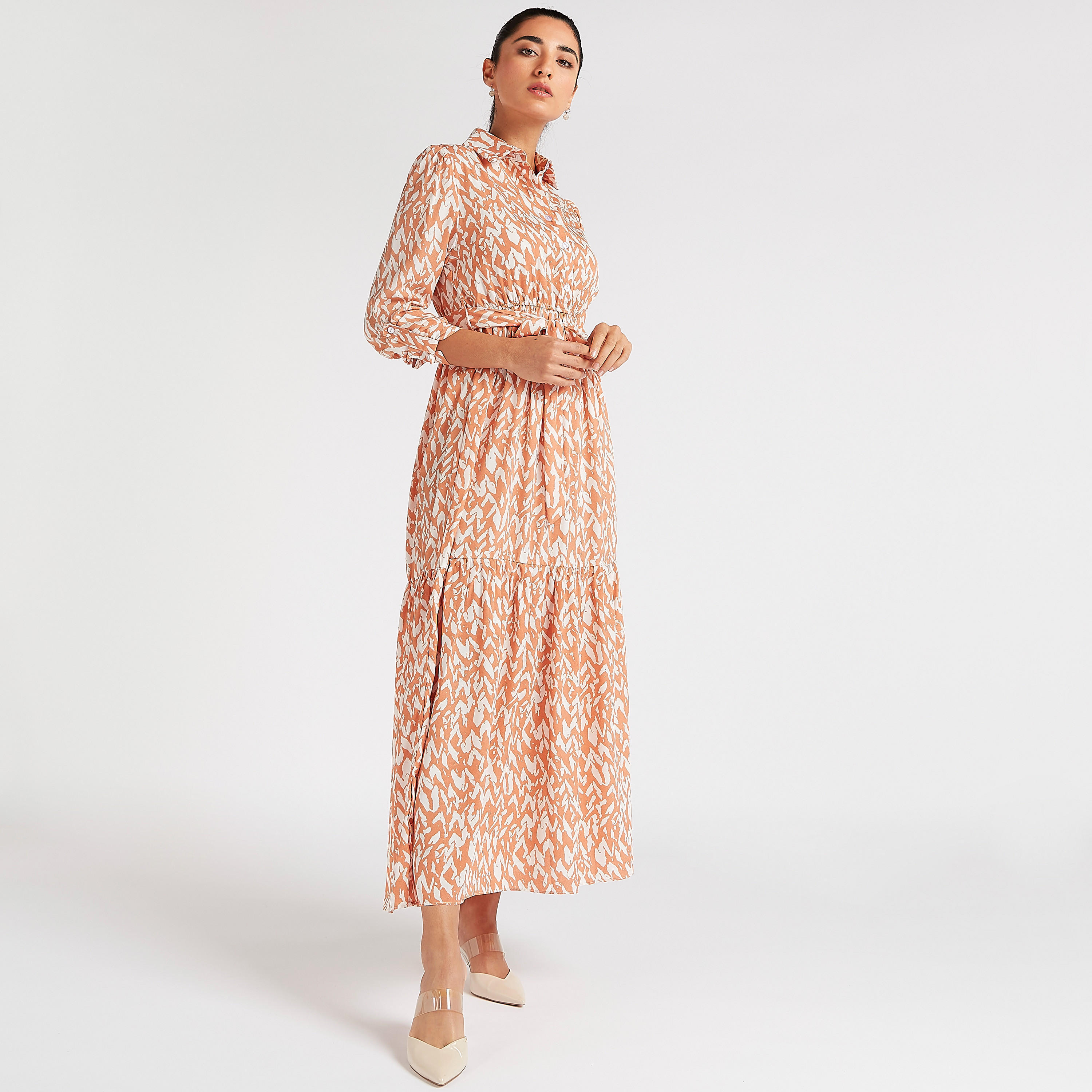 فستان إيه لاين ميدي بطبعات وخصر بحزام وزر إغلاق من تو إكستريمز-women-clothing-dresses-image-5