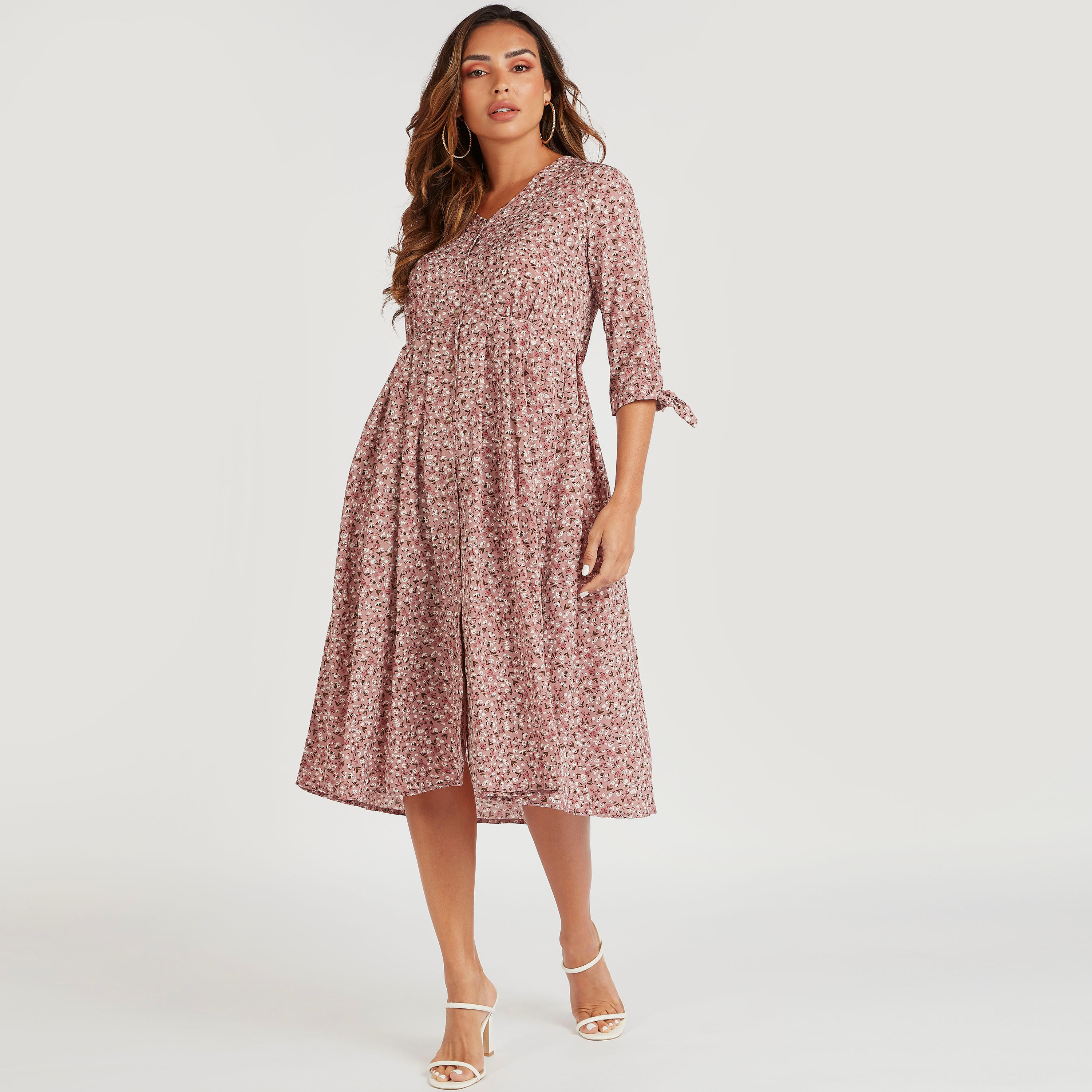 فستان ميدي متعدّد الطبقات بياقة V وأكمام 3/4 وطبعات أزهار من توإكستريمز-women-clothing-dresses-image-2