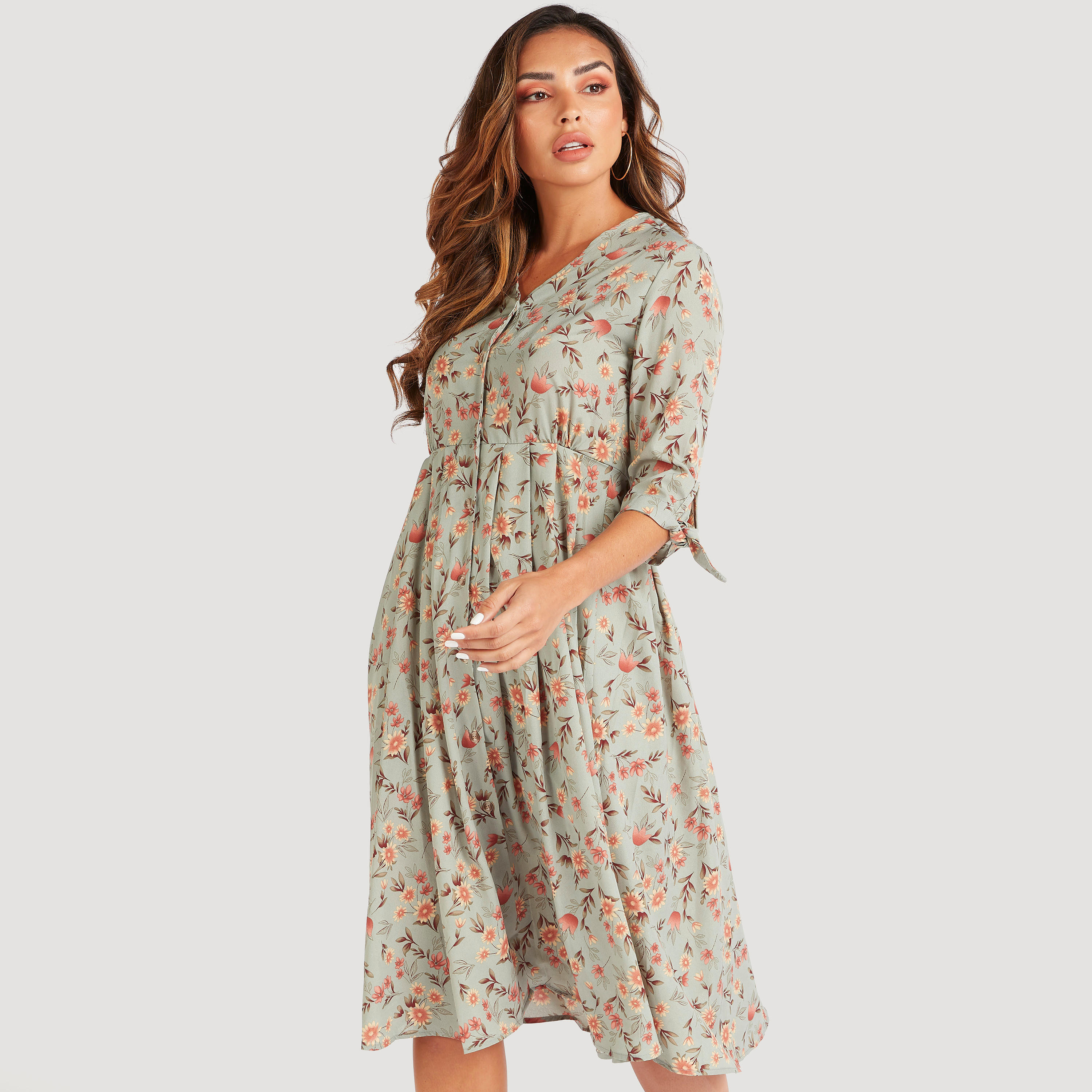 فستان ميدي إيه لاين بطبعات أزهار وأكمام 3/4 من تو إكستريمز-women-clothing-dresses-image-1