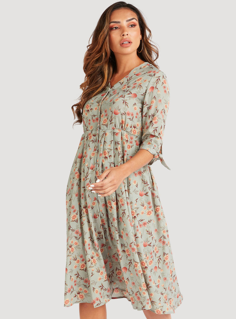 فستان ميدي إيه لاين بطبعات أزهار وأكمام 3/4 من تو إكستريمز-women-clothing-dresses-image-1