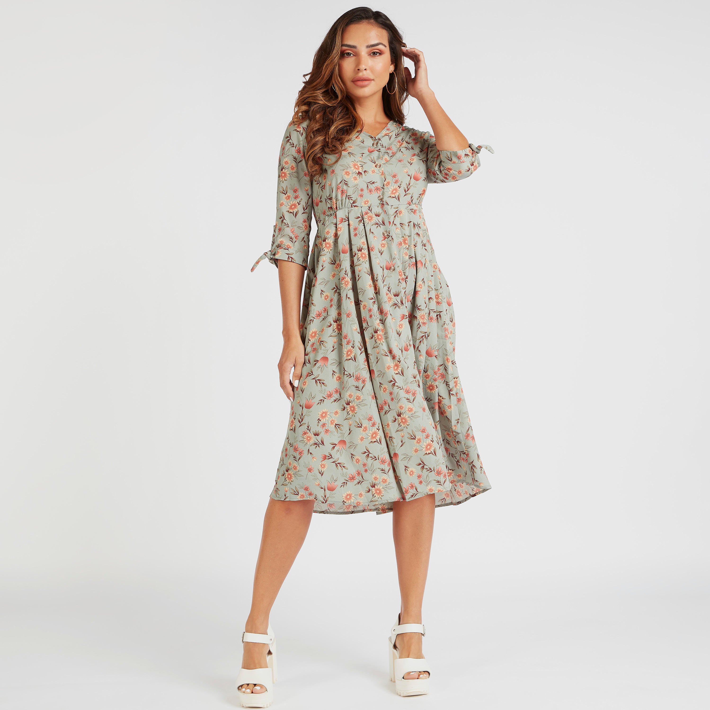 فستان ميدي إيه لاين بطبعات أزهار وأكمام 3/4 من تو إكستريمز-women-clothing-dresses-image-2