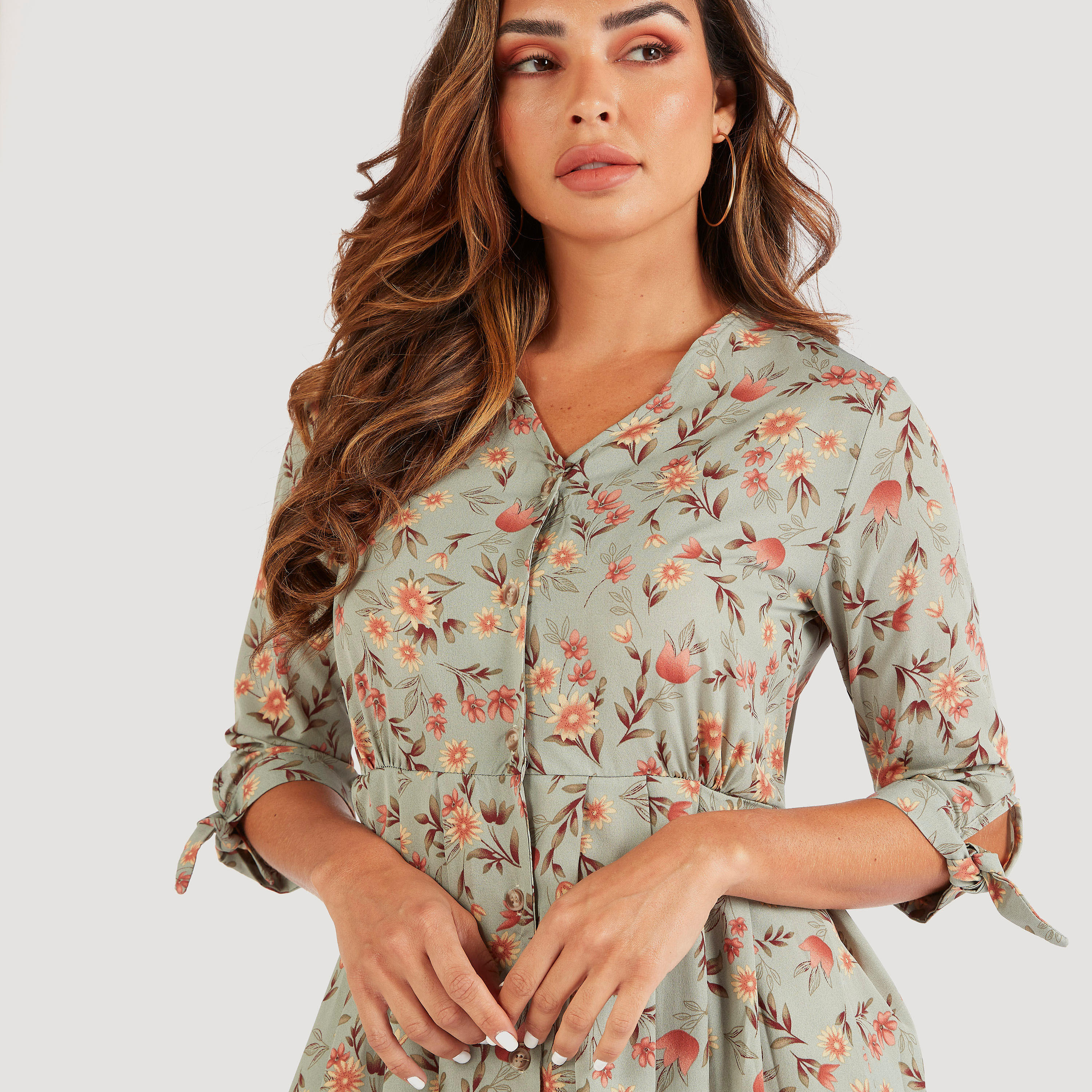 فستان ميدي إيه لاين بطبعات أزهار وأكمام 3/4 من تو إكستريمز-women-clothing-dresses-image-3