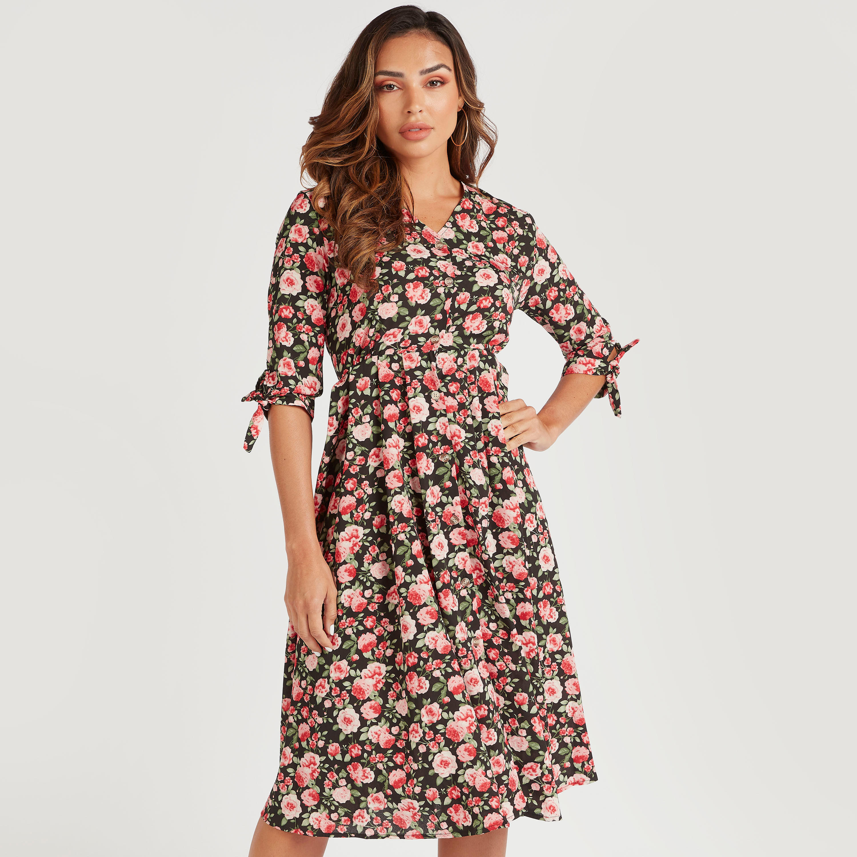 فستان ميدي بأكمام 3/4 وطبعات أزهار من توإكستريمز-women-clothing-dresses-image-1