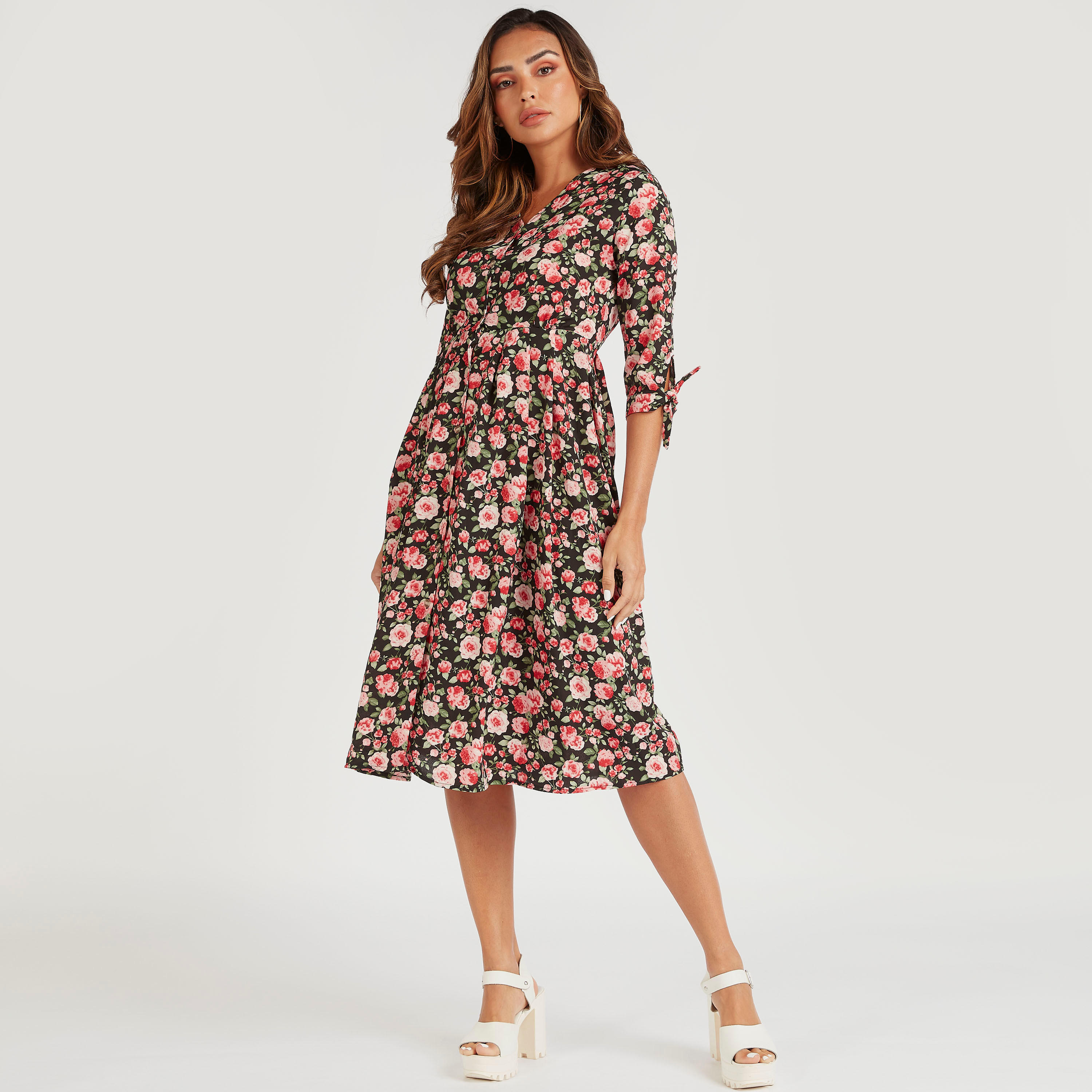 فستان ميدي بأكمام 3/4 وطبعات أزهار من توإكستريمز-women-clothing-dresses-image-2