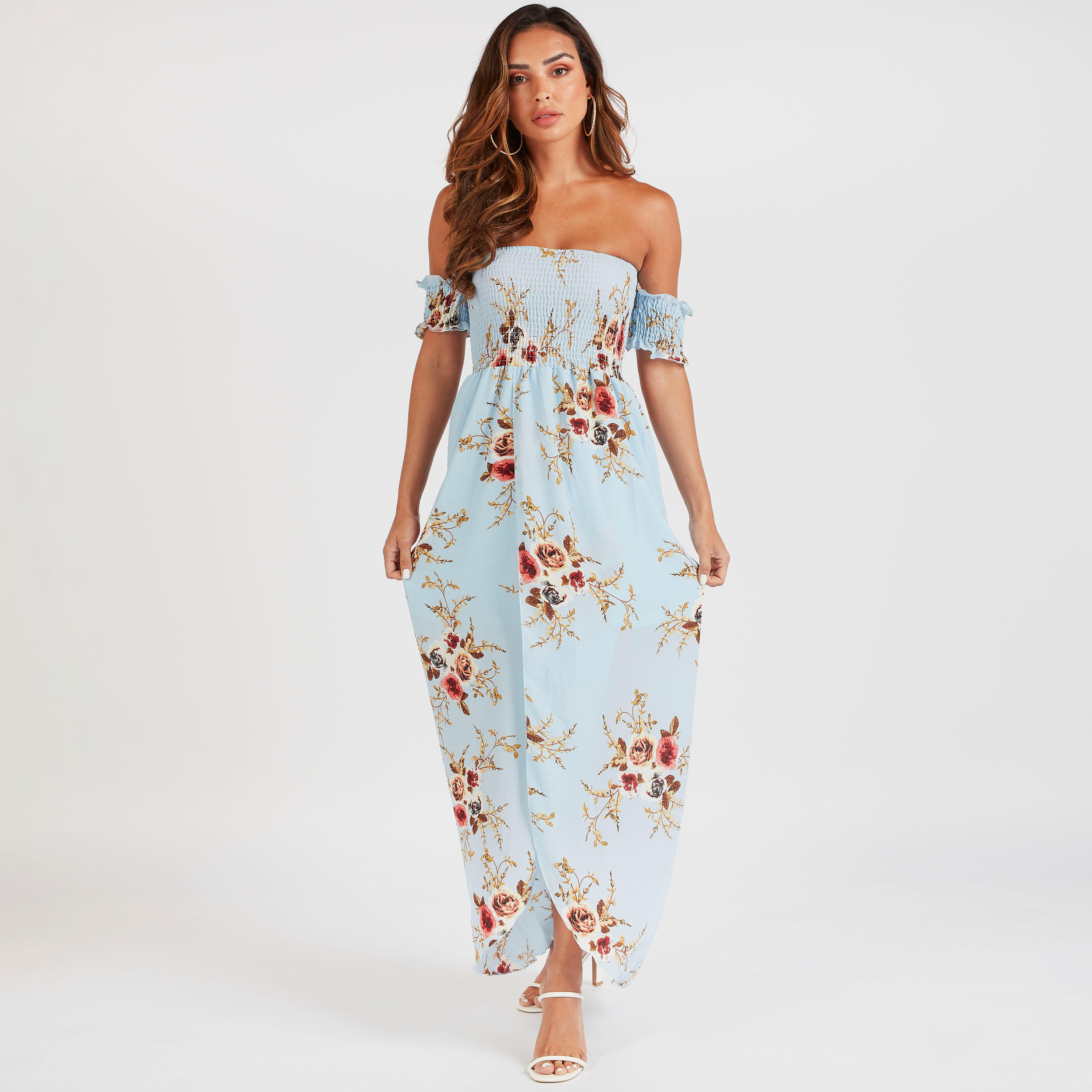 فستان طويل إيه لاين مكشوف الأكتاف بأكمام قصيرة وطبعات زهرية من توإكستريمز-women-clothing-dresses-image-1