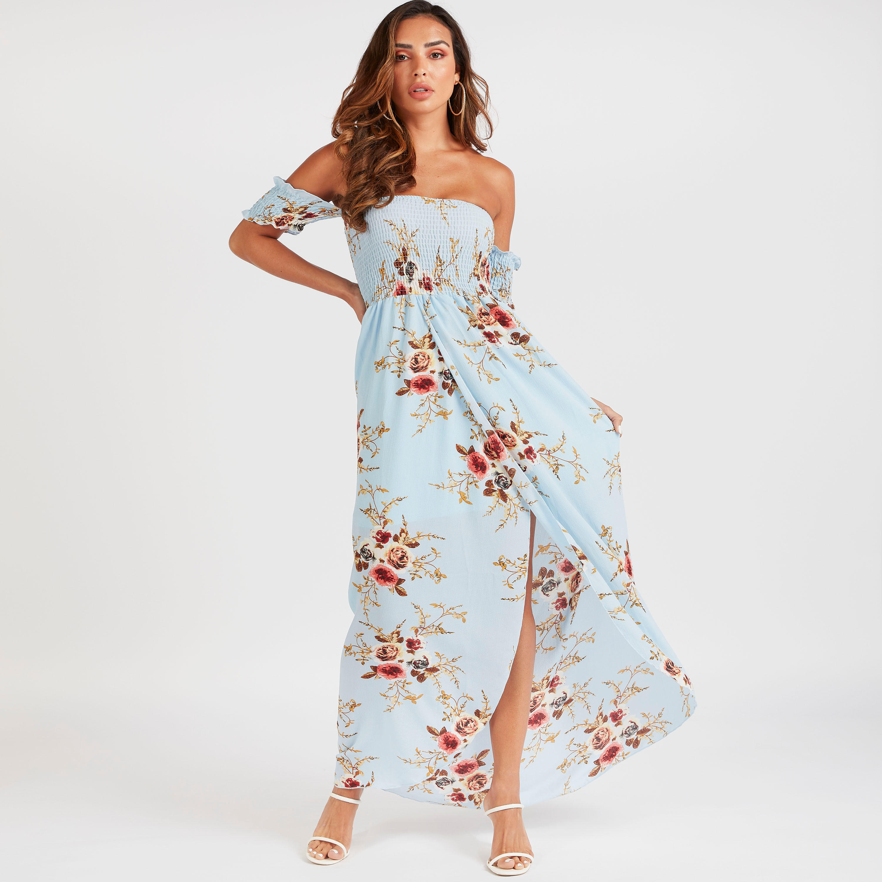 فستان طويل إيه لاين مكشوف الأكتاف بأكمام قصيرة وطبعات زهرية من توإكستريمز-women-clothing-dresses-image-2