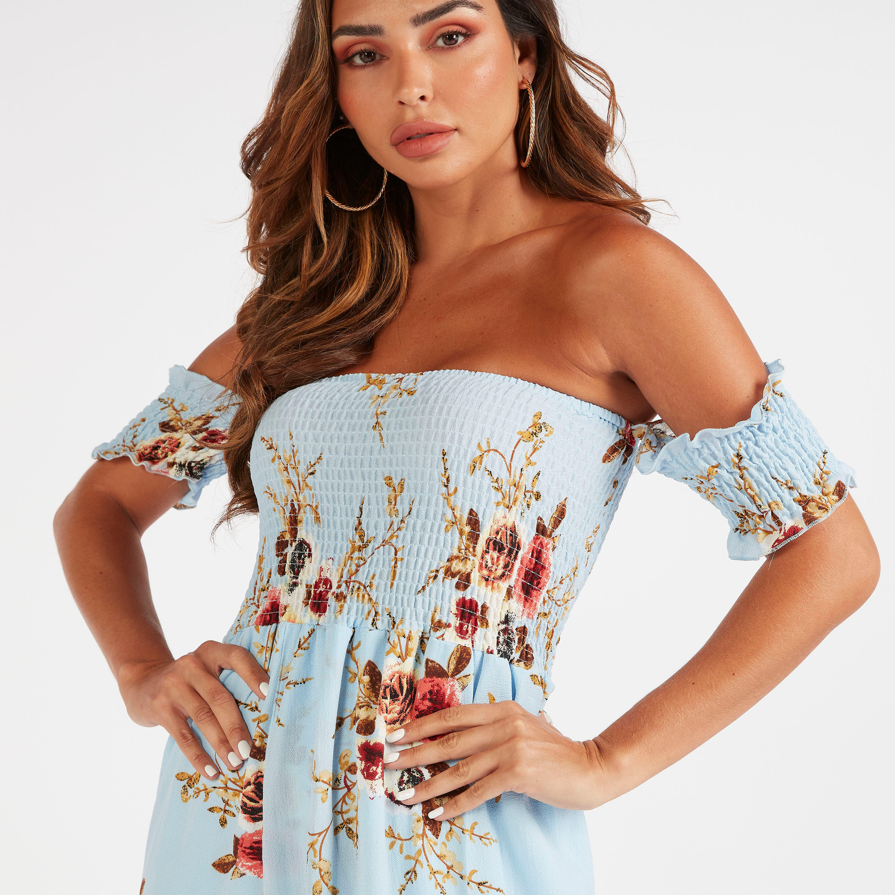 فستان طويل إيه لاين مكشوف الأكتاف بأكمام قصيرة وطبعات زهرية من توإكستريمز-women-clothing-dresses-image-3