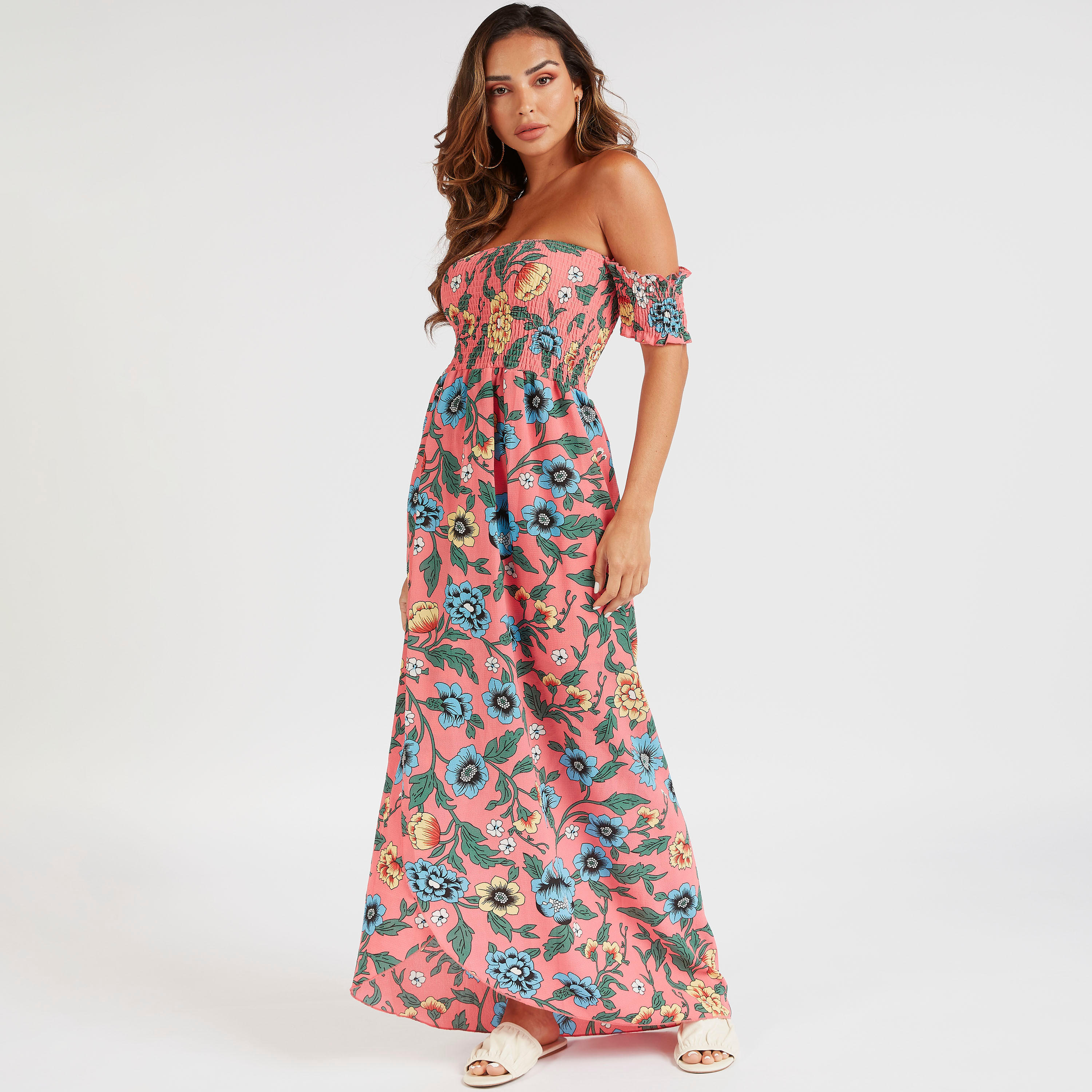 فستان طويل إيه لاين مكشوف الأكتاف بأكمام قصيرة وطبعات زهرية من توإكستريمز-women-clothing-dresses-image-1