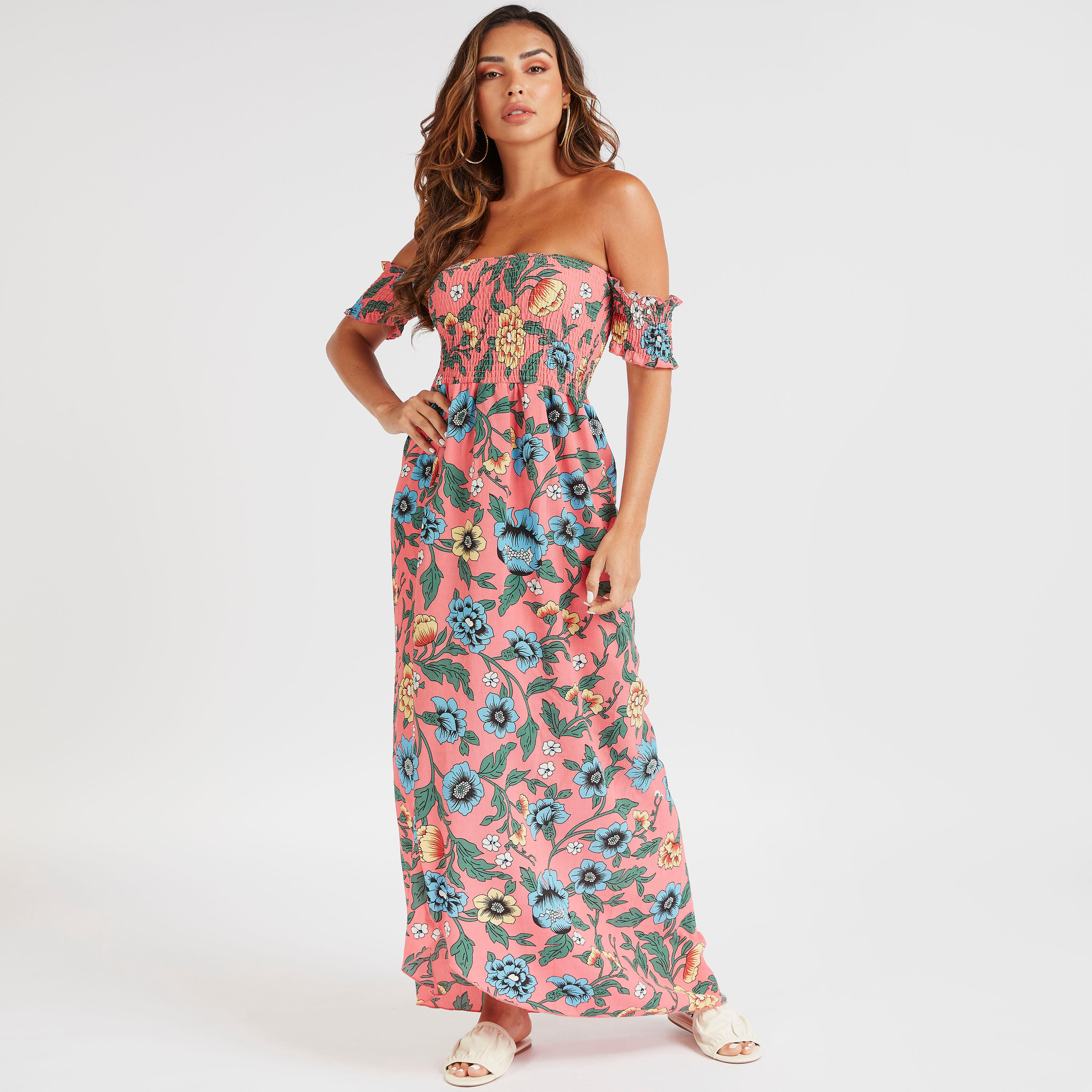 فستان طويل إيه لاين مكشوف الأكتاف بأكمام قصيرة وطبعات زهرية من توإكستريمز-women-clothing-dresses-image-2