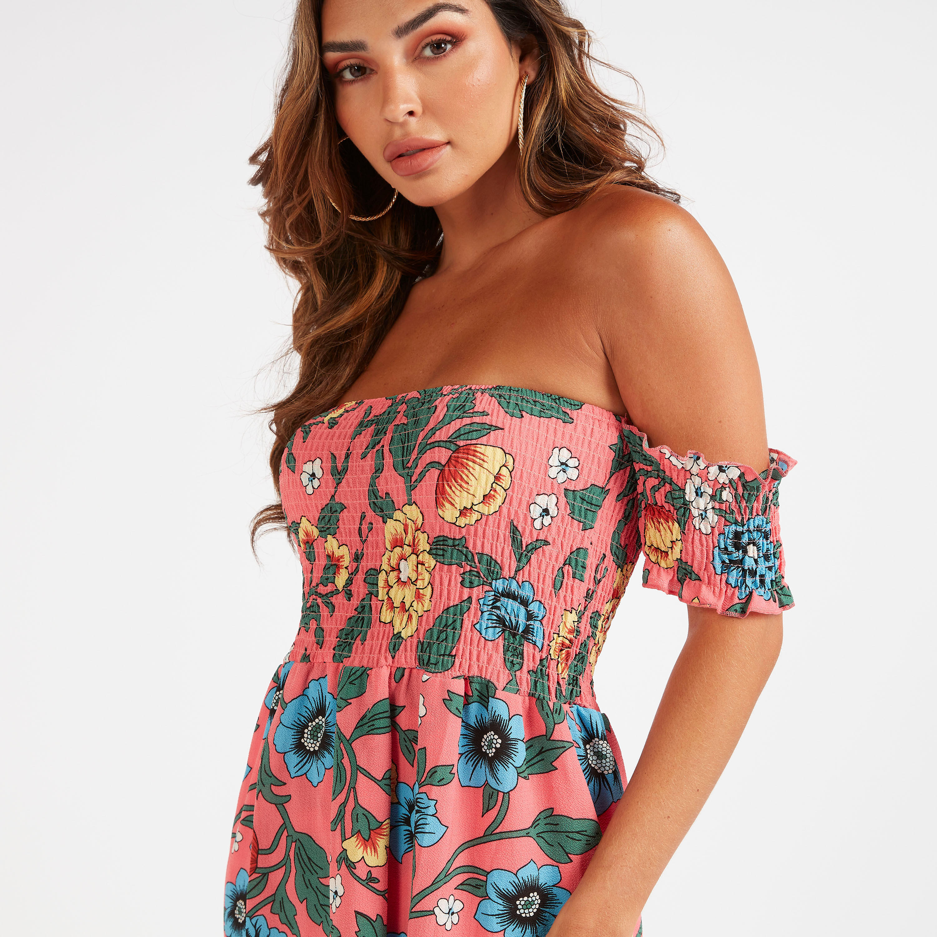 فستان طويل إيه لاين مكشوف الأكتاف بأكمام قصيرة وطبعات زهرية من توإكستريمز-women-clothing-dresses-image-3