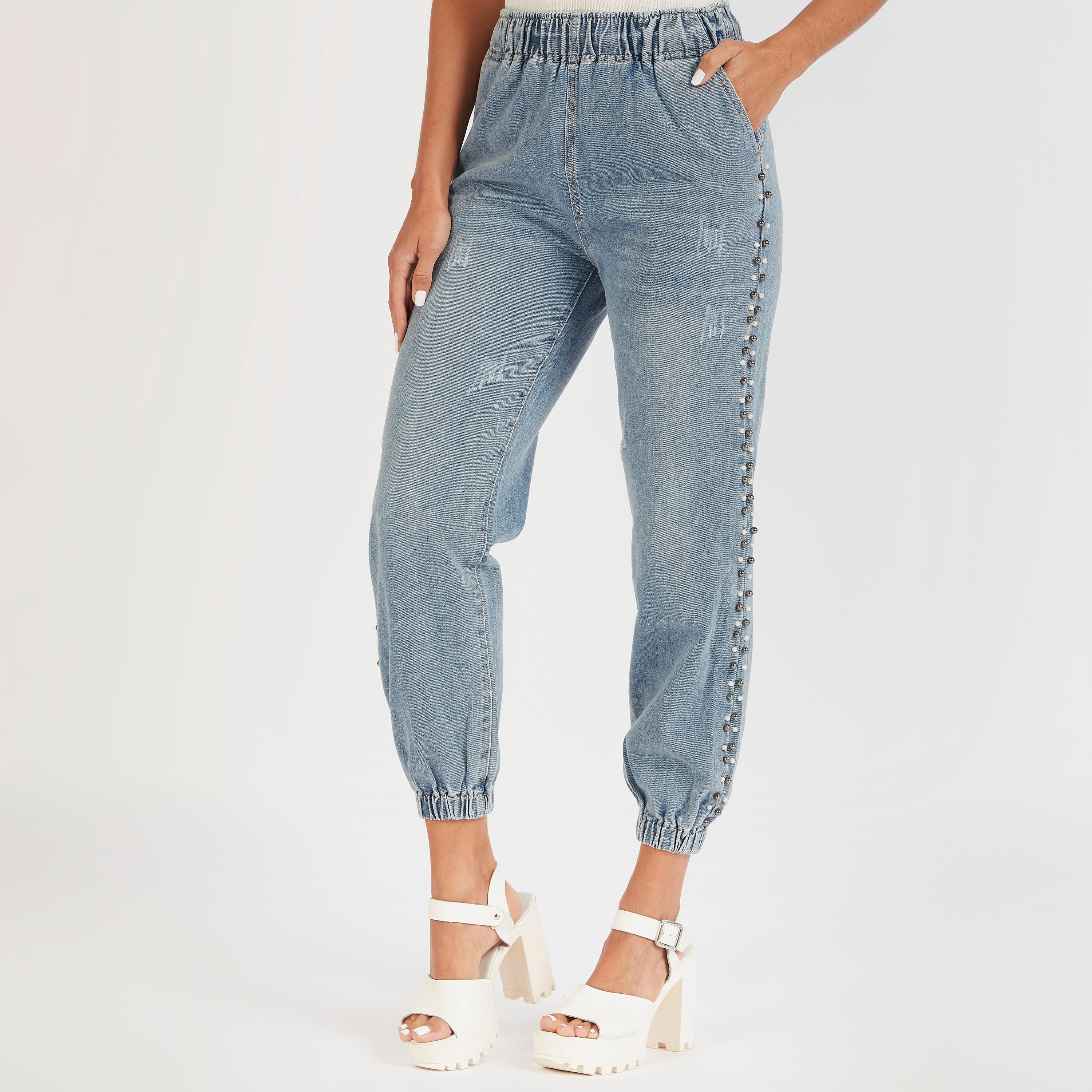 بنطلون رياضي دنيم مزيّن بخصر مرتفع وجيوب من توإكستريمز-women-clothing-bottoms-joggers-image-1