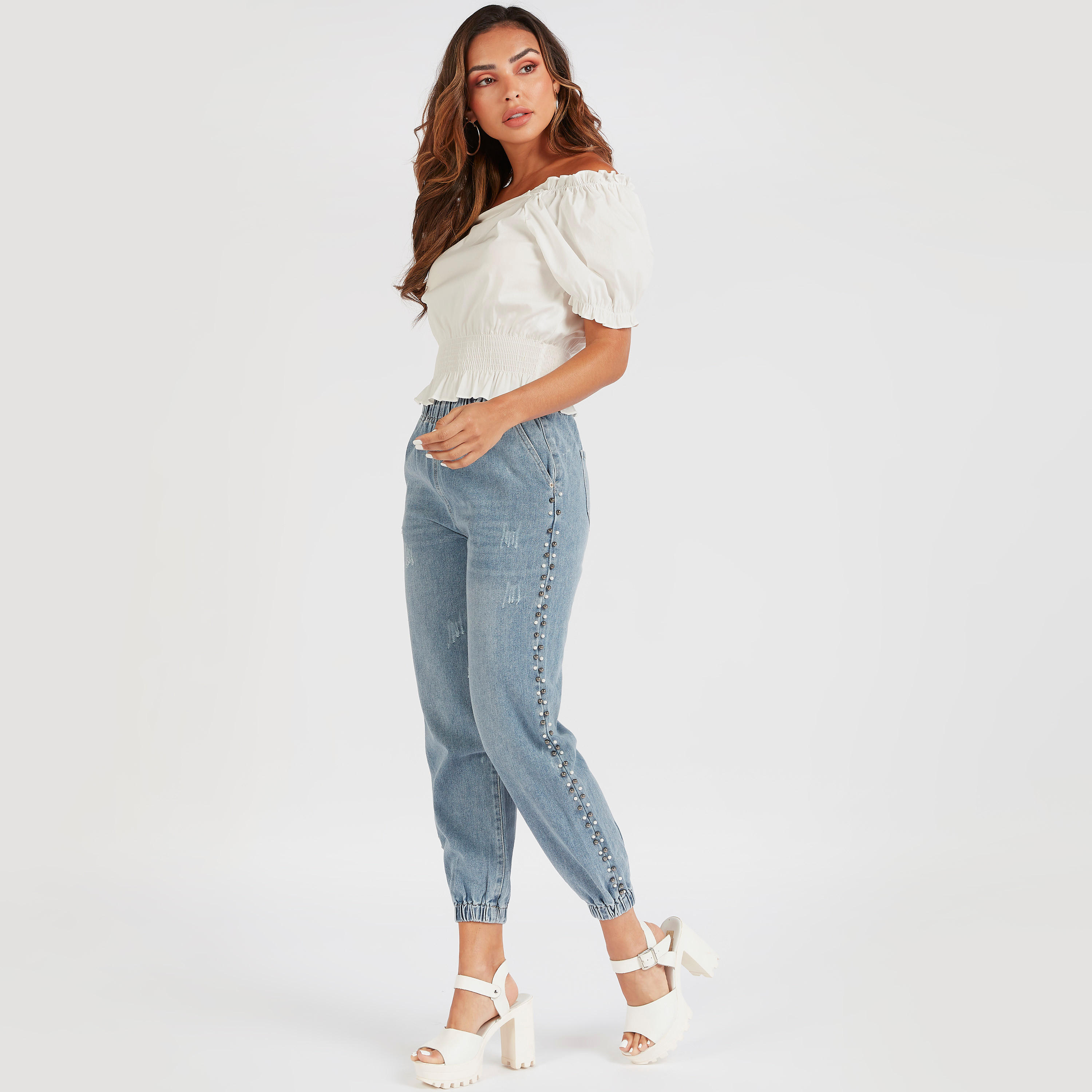 بنطلون رياضي دنيم مزيّن بخصر مرتفع وجيوب من توإكستريمز-women-clothing-bottoms-joggers-image-2