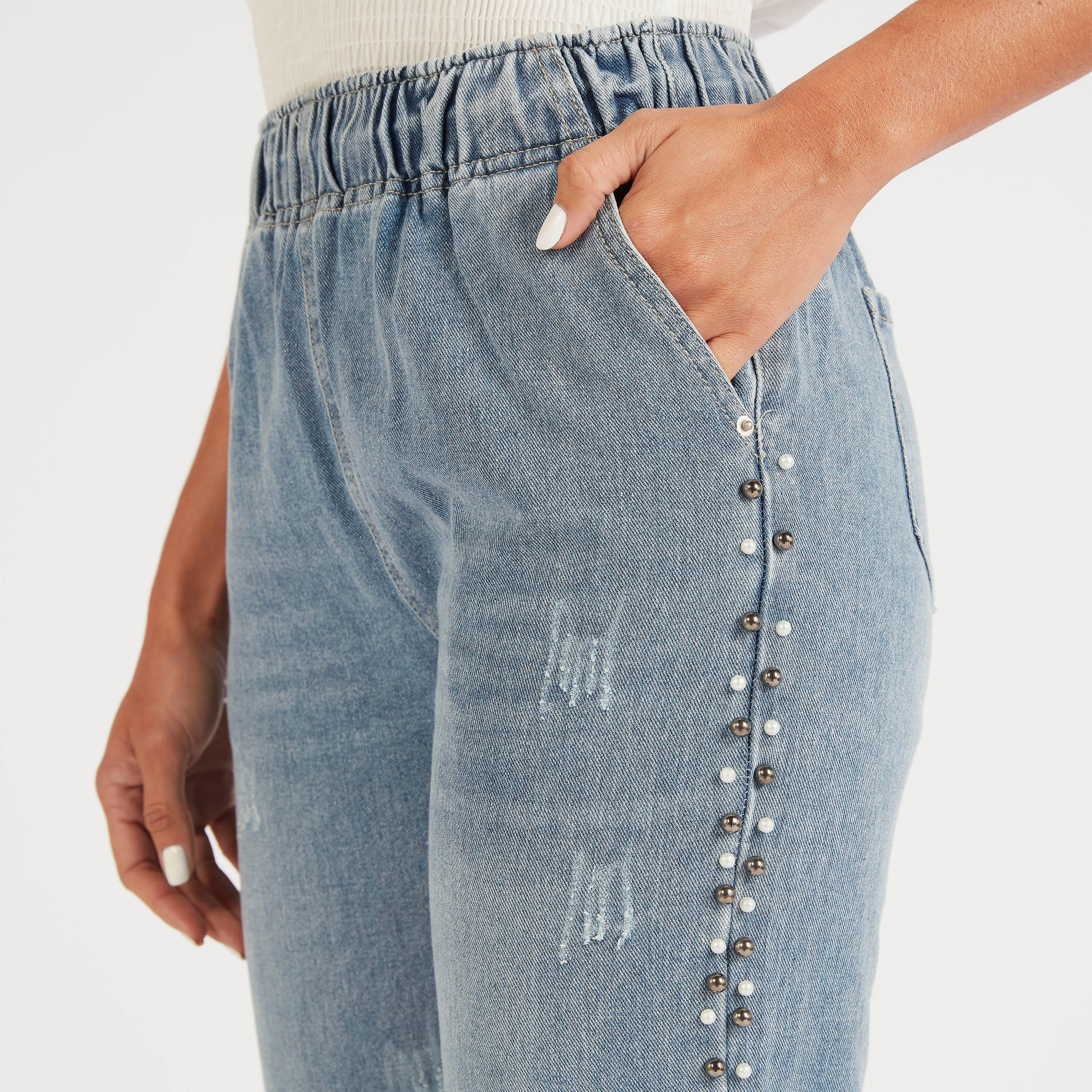 بنطلون رياضي دنيم مزيّن بخصر مرتفع وجيوب من توإكستريمز-women-clothing-bottoms-joggers-image-3