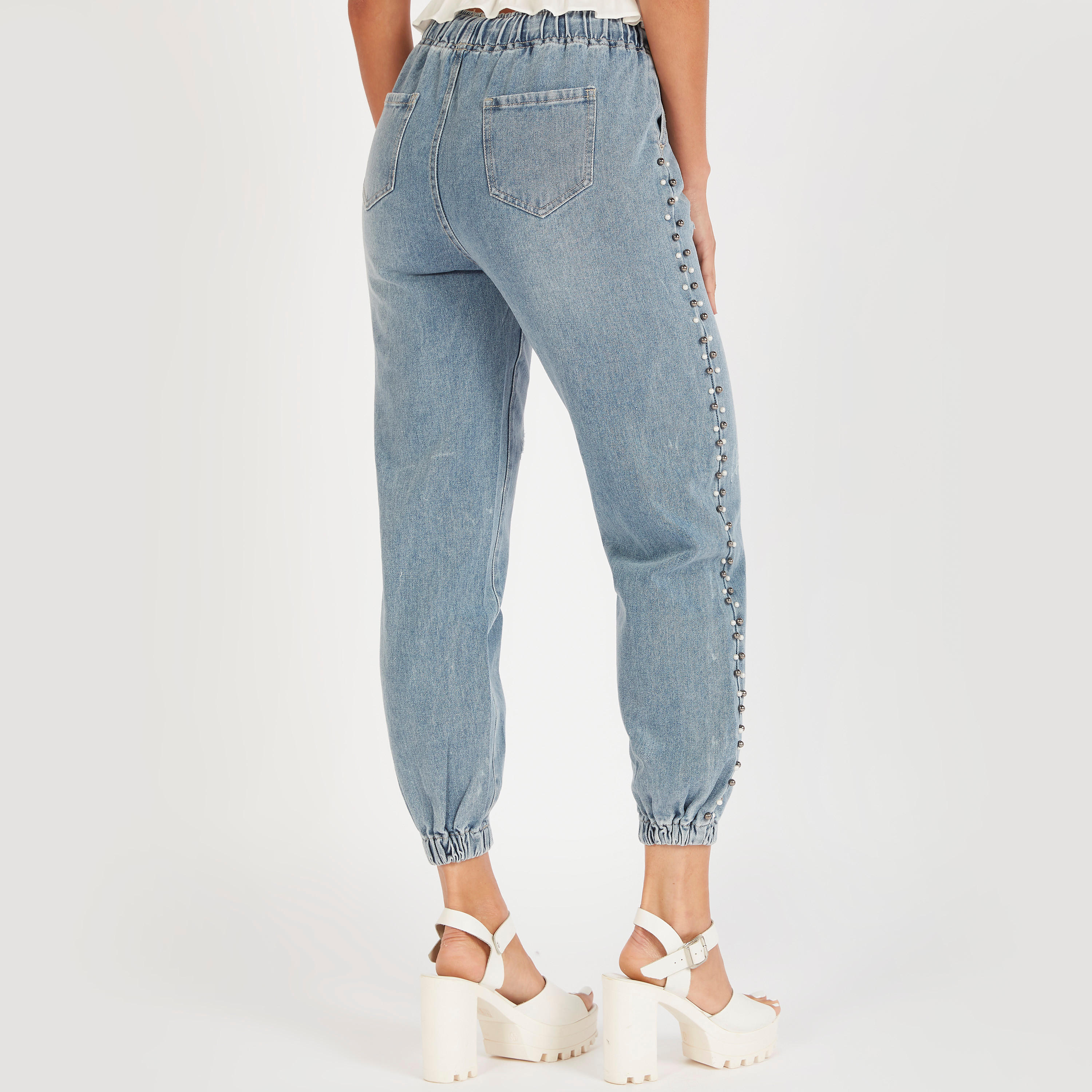 بنطلون رياضي دنيم مزيّن بخصر مرتفع وجيوب من توإكستريمز-women-clothing-bottoms-joggers-image-4