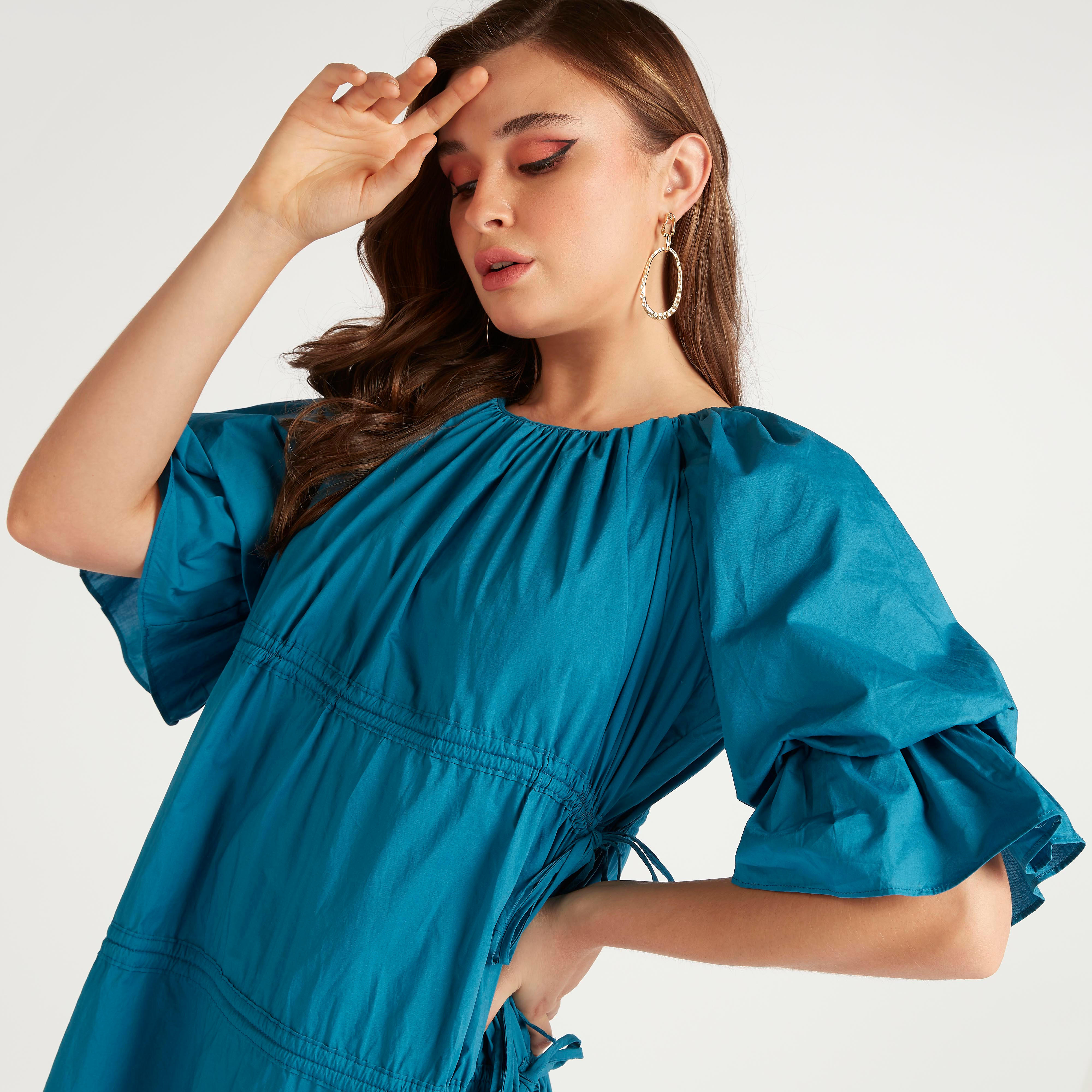 فستان ميدي سادة إيه لاين بأكمام واسعة ورباط من توإكستريمز-women-clothing-dresses-image-3