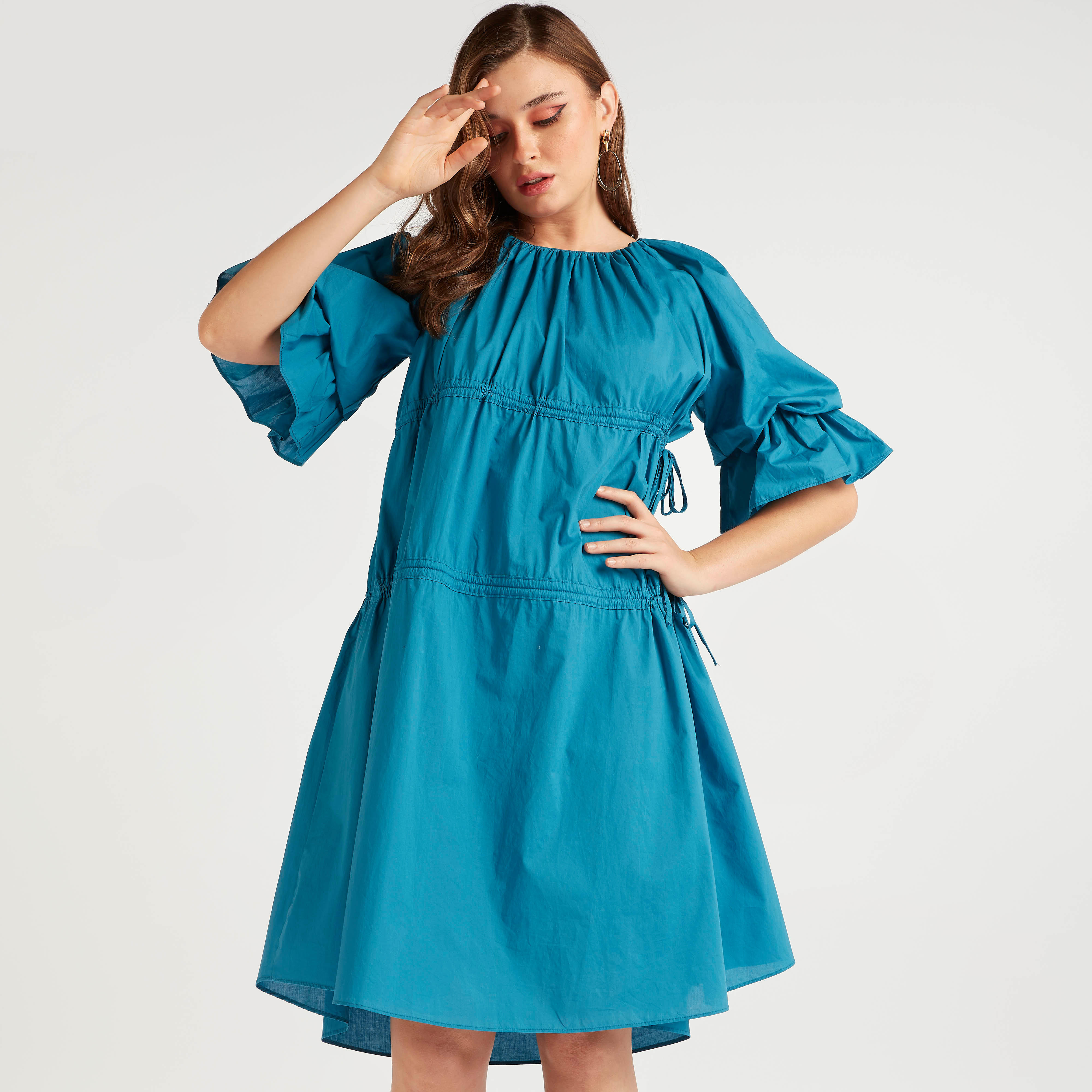 فستان ميدي سادة إيه لاين بأكمام واسعة ورباط من توإكستريمز-women-clothing-dresses-image-5