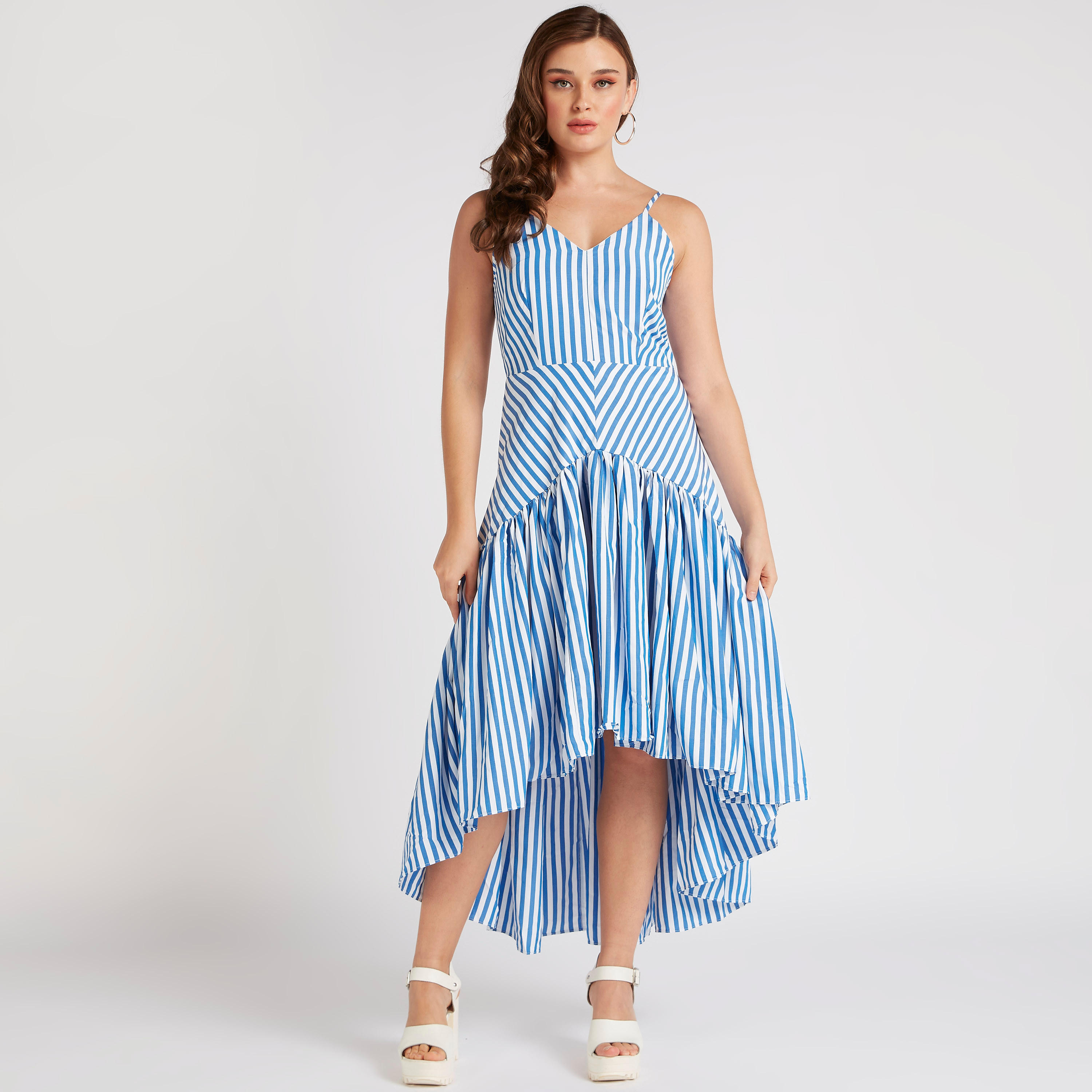 فستان مخطّط متوسط الطول بياقة V من تو إكستريمز-women-clothing-dresses-image-6
