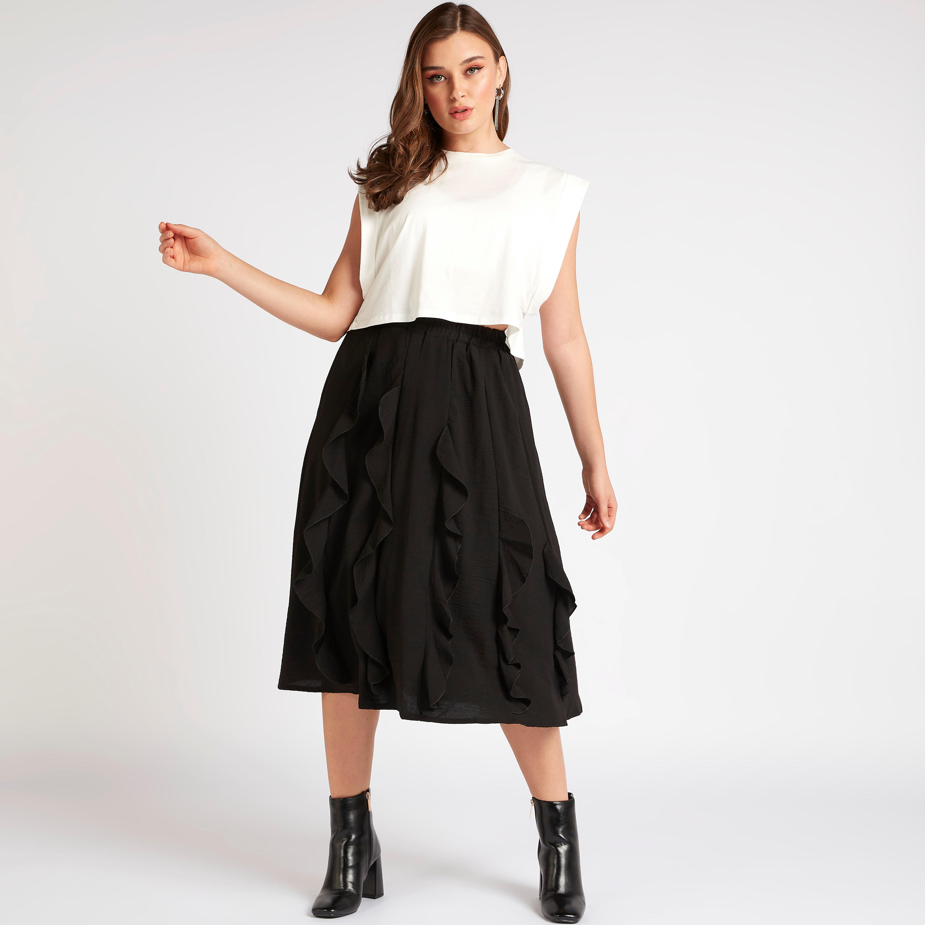 تنورة ميدي مكشكشة مع حزام مطاطي من تو إكستريمز-women-clothing-bottoms-skirts-image-2