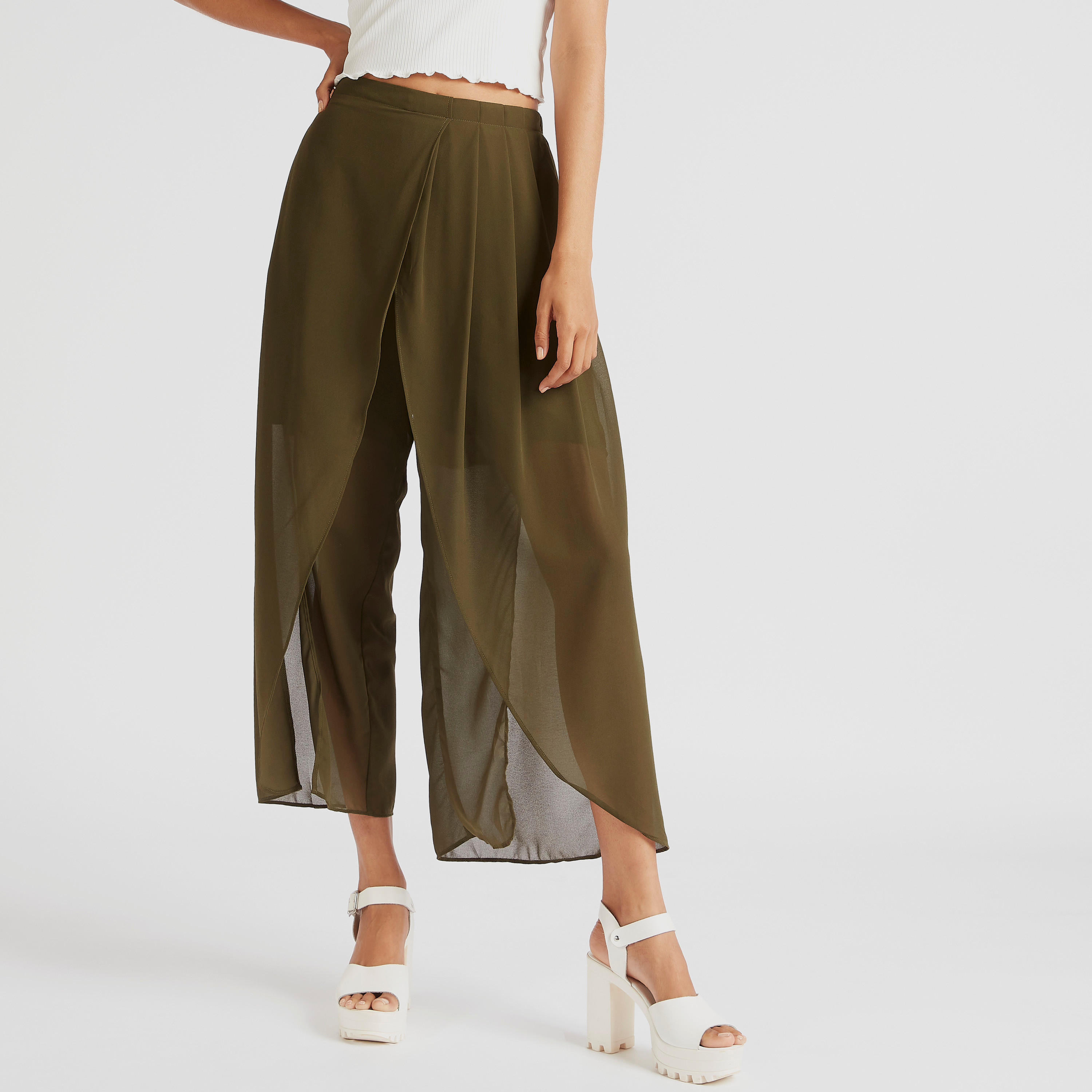 بنطلون كولوتيس متوسط الطول بخصر مطّاطي وفتحات جانبيّة من تو إكستريمز-women-clothing-bottoms-trousers-image-4