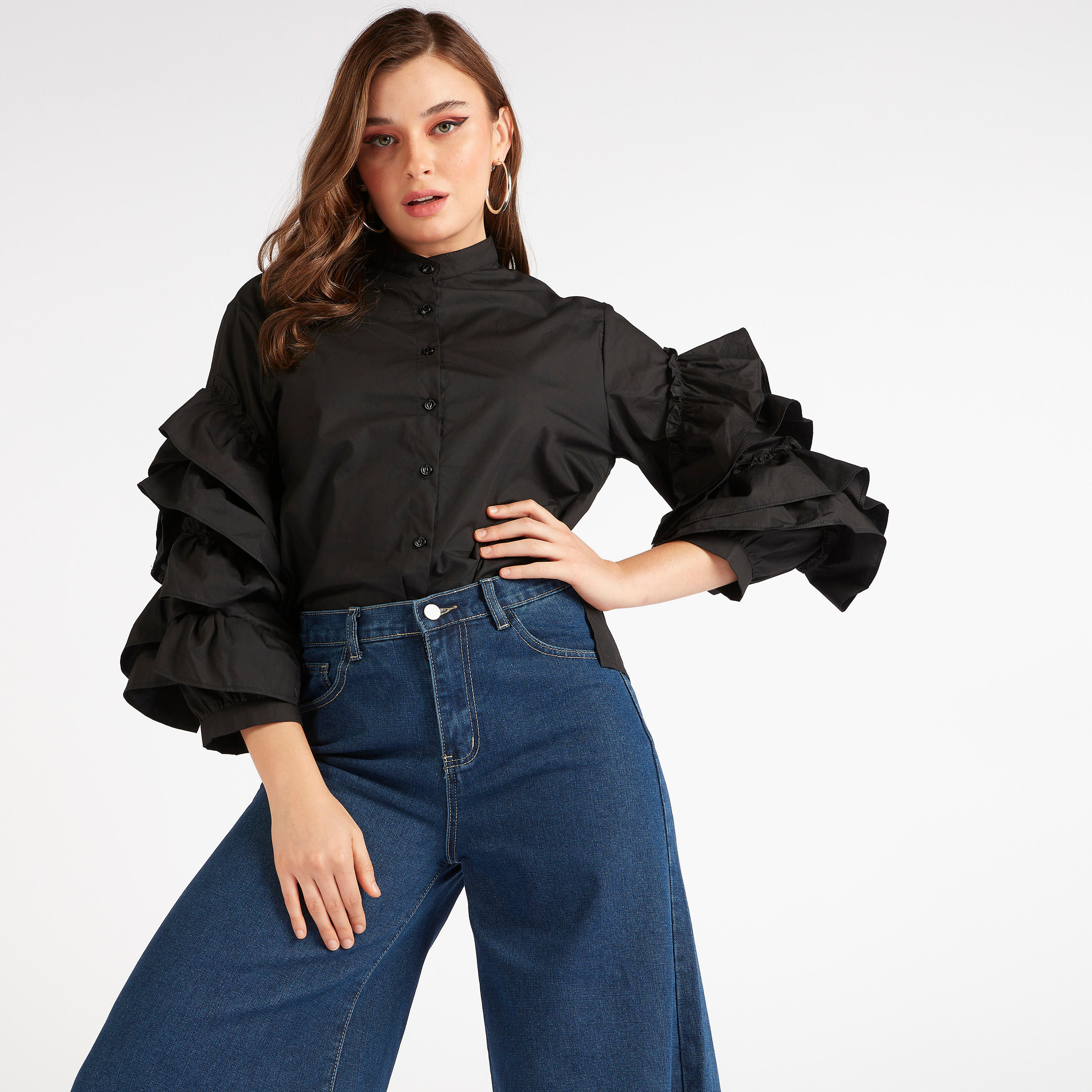 قميص سادة بأكمام طويلة بكشكشة وياقة ماندارين من تو إكستريمز-women-clothing-shirtsandblouses-shirts-image-6