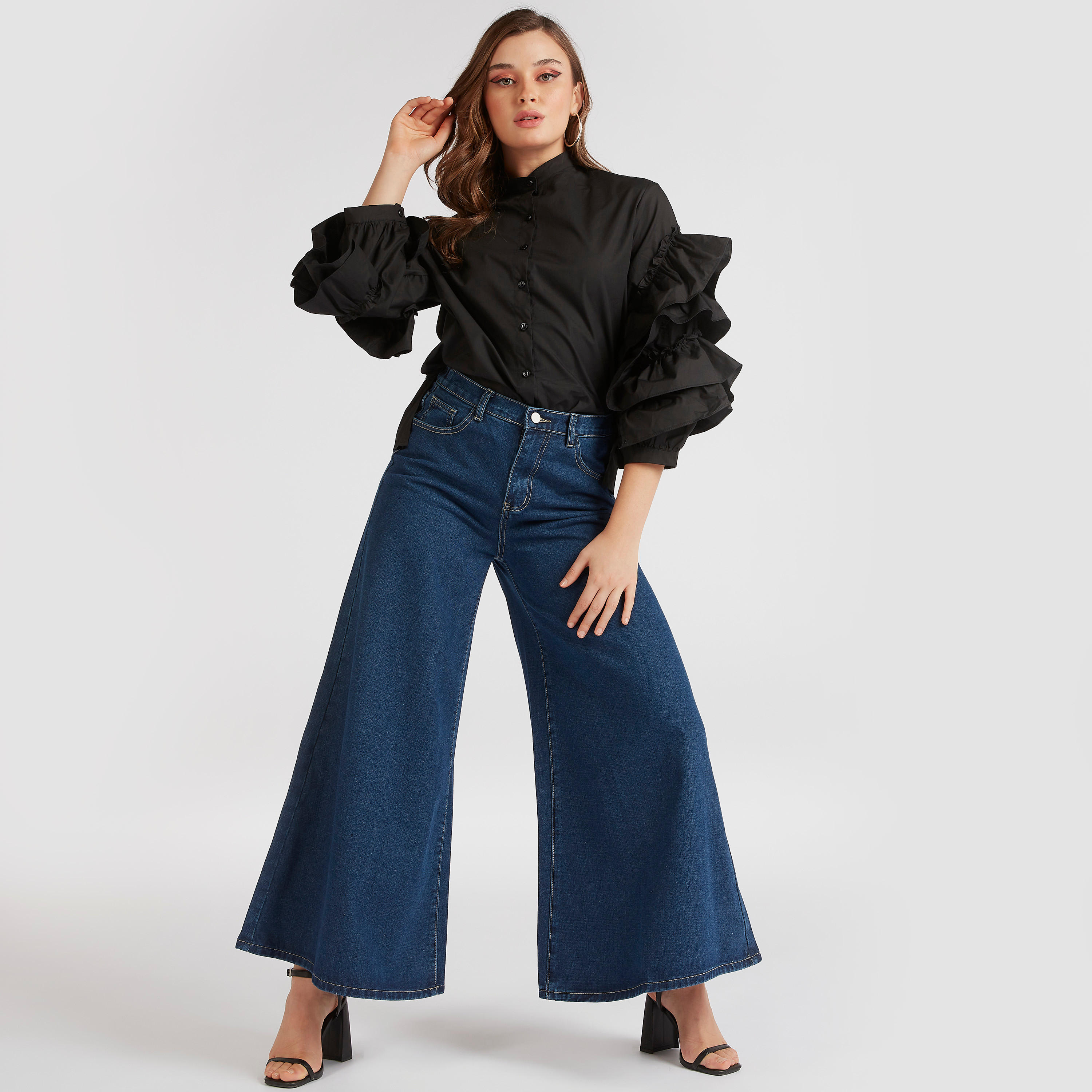 قميص سادة بأكمام طويلة بكشكشة وياقة ماندارين من تو إكستريمز-women-clothing-shirtsandblouses-shirts-image-5