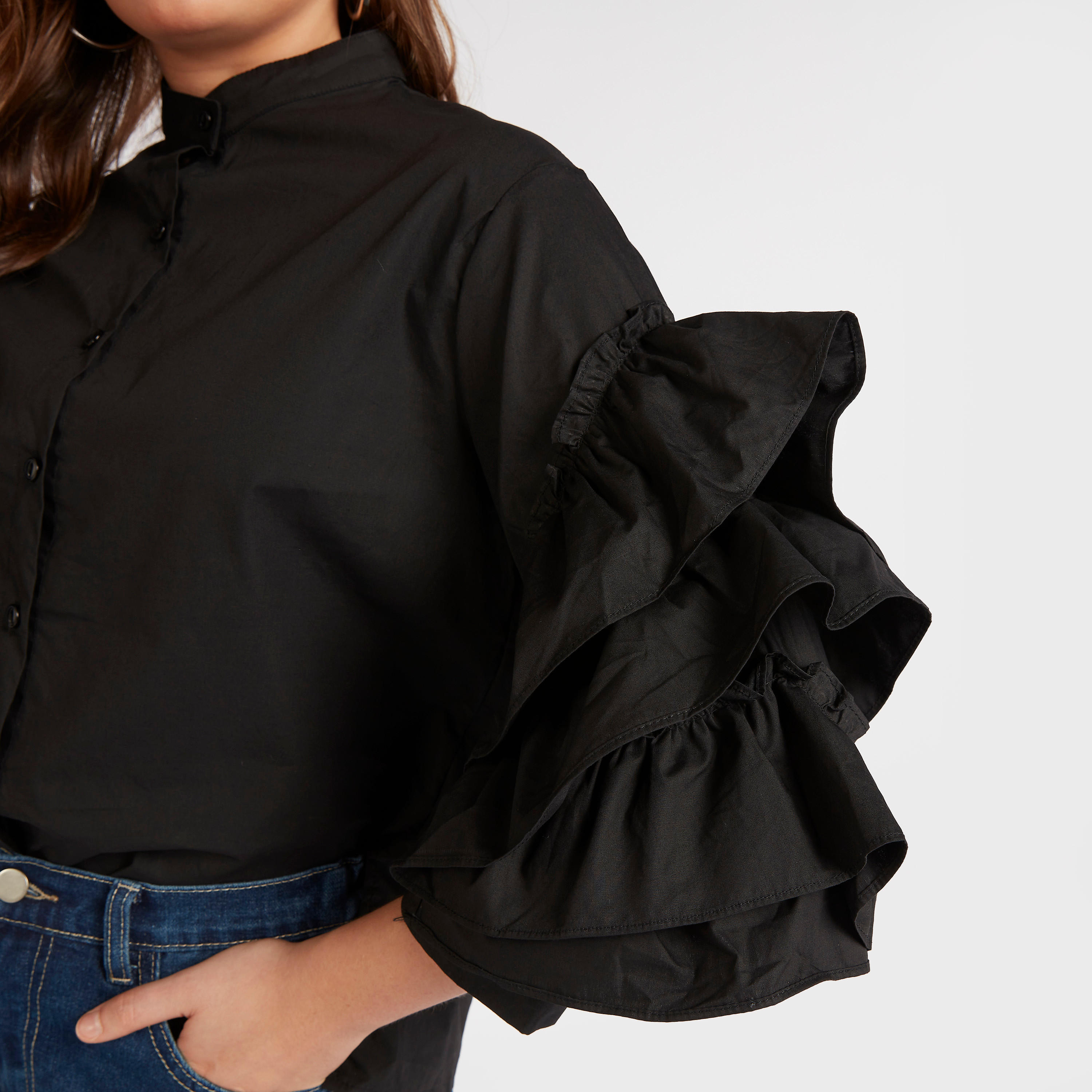 قميص سادة بأكمام طويلة بكشكشة وياقة ماندارين من تو إكستريمز-women-clothing-shirtsandblouses-shirts-image-4