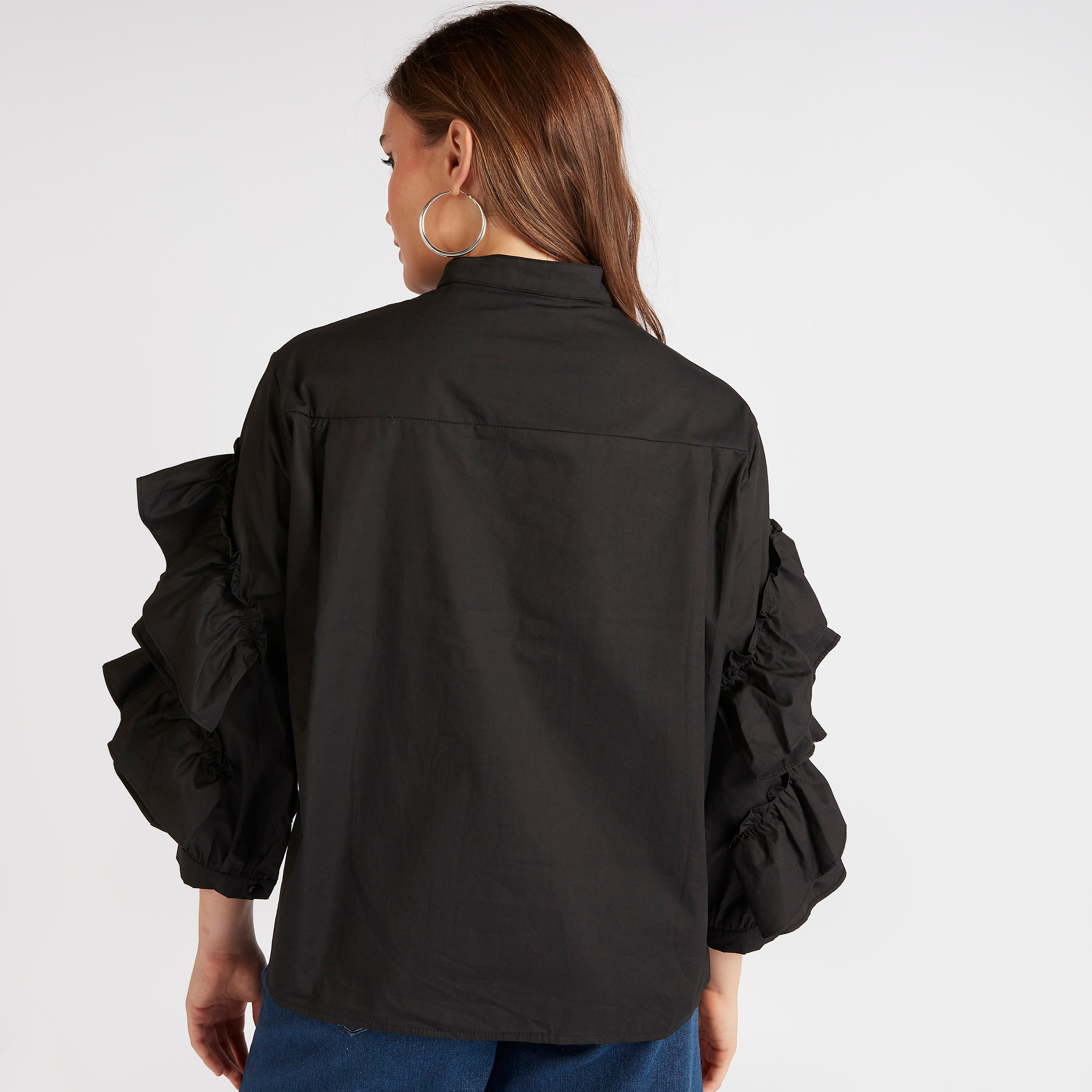 قميص سادة بأكمام طويلة بكشكشة وياقة ماندارين من تو إكستريمز-women-clothing-shirtsandblouses-shirts-image-3