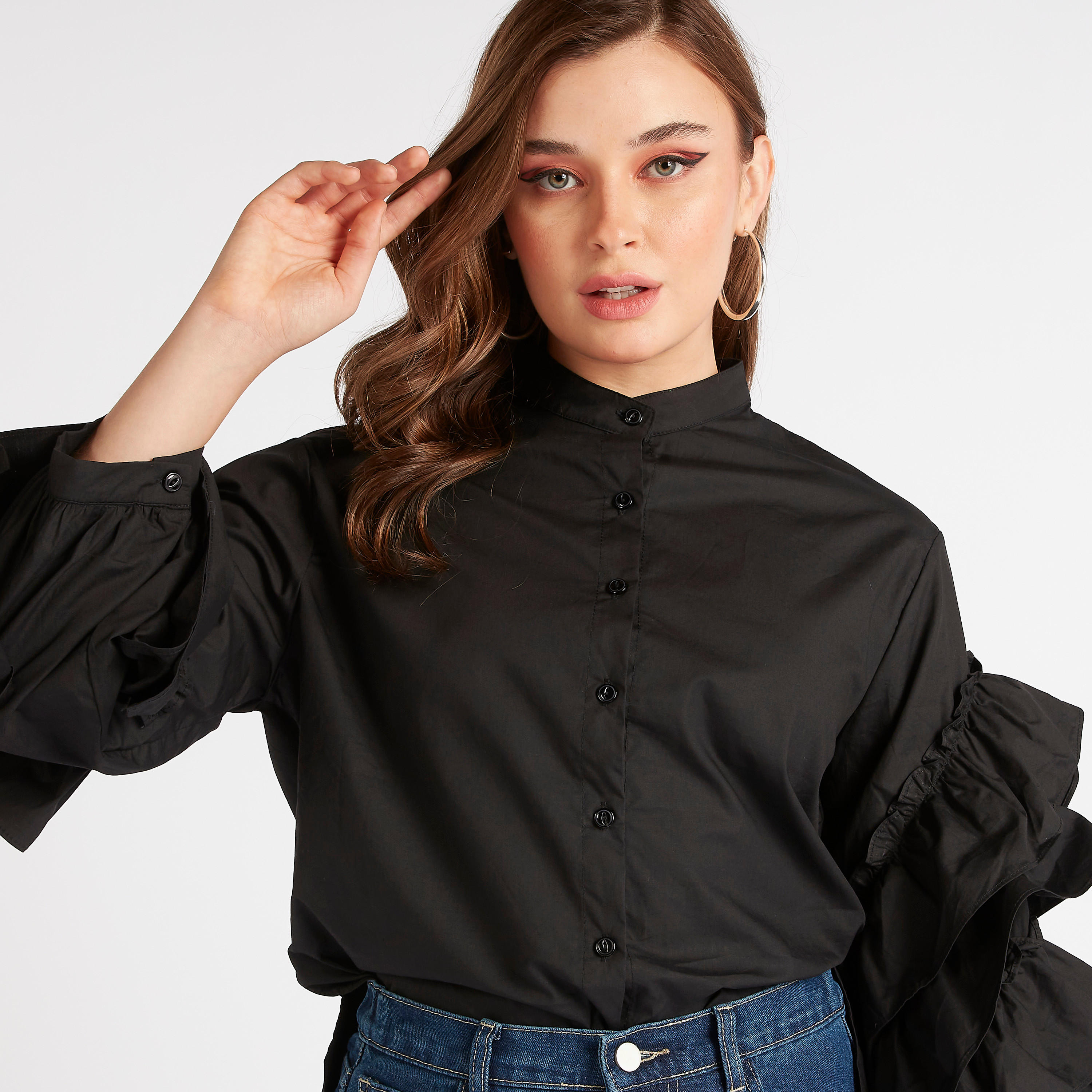 قميص سادة بأكمام طويلة بكشكشة وياقة ماندارين من تو إكستريمز-women-clothing-shirtsandblouses-shirts-image-2