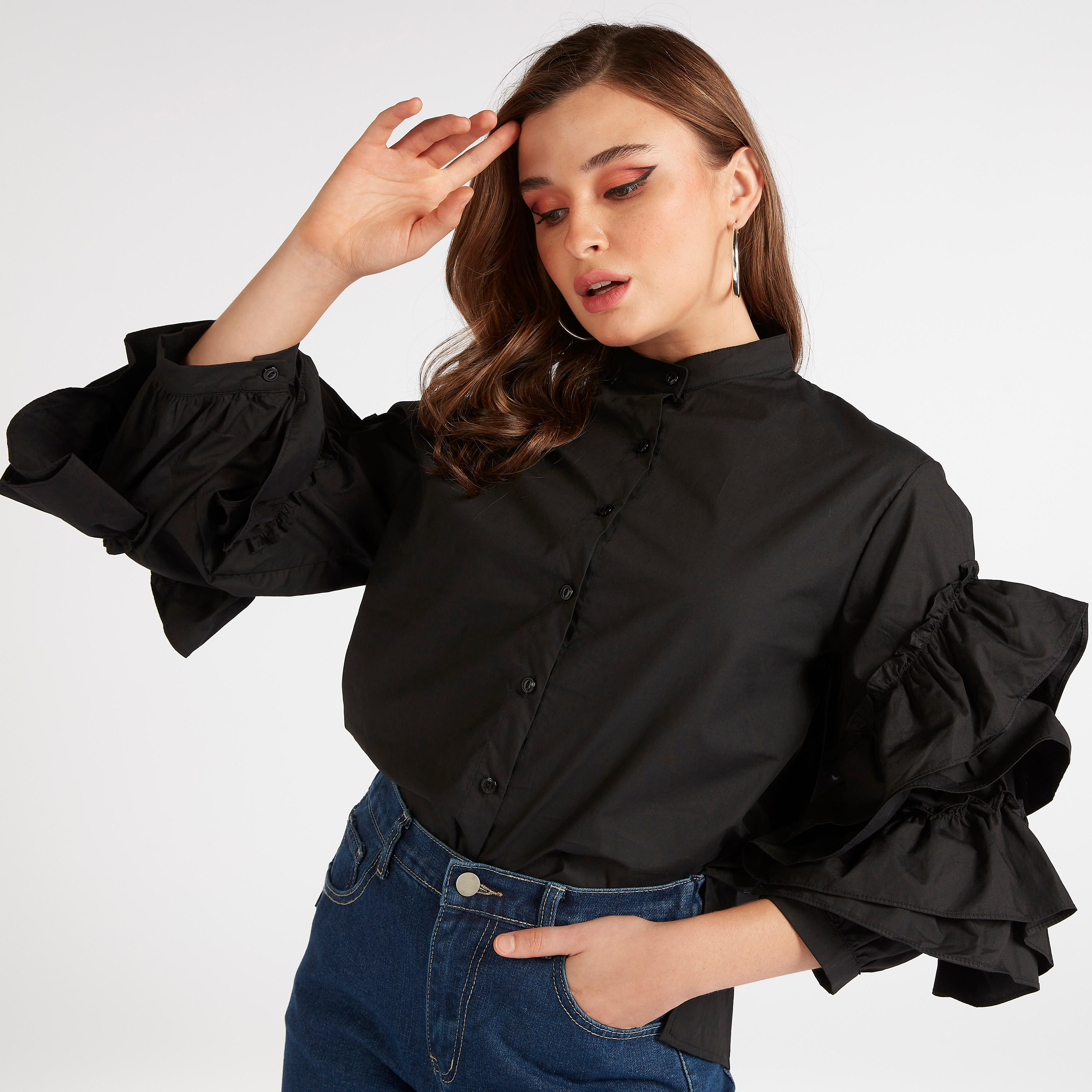 قميص سادة بأكمام طويلة بكشكشة وياقة ماندارين من تو إكستريمز-women-clothing-shirtsandblouses-shirts-image-1