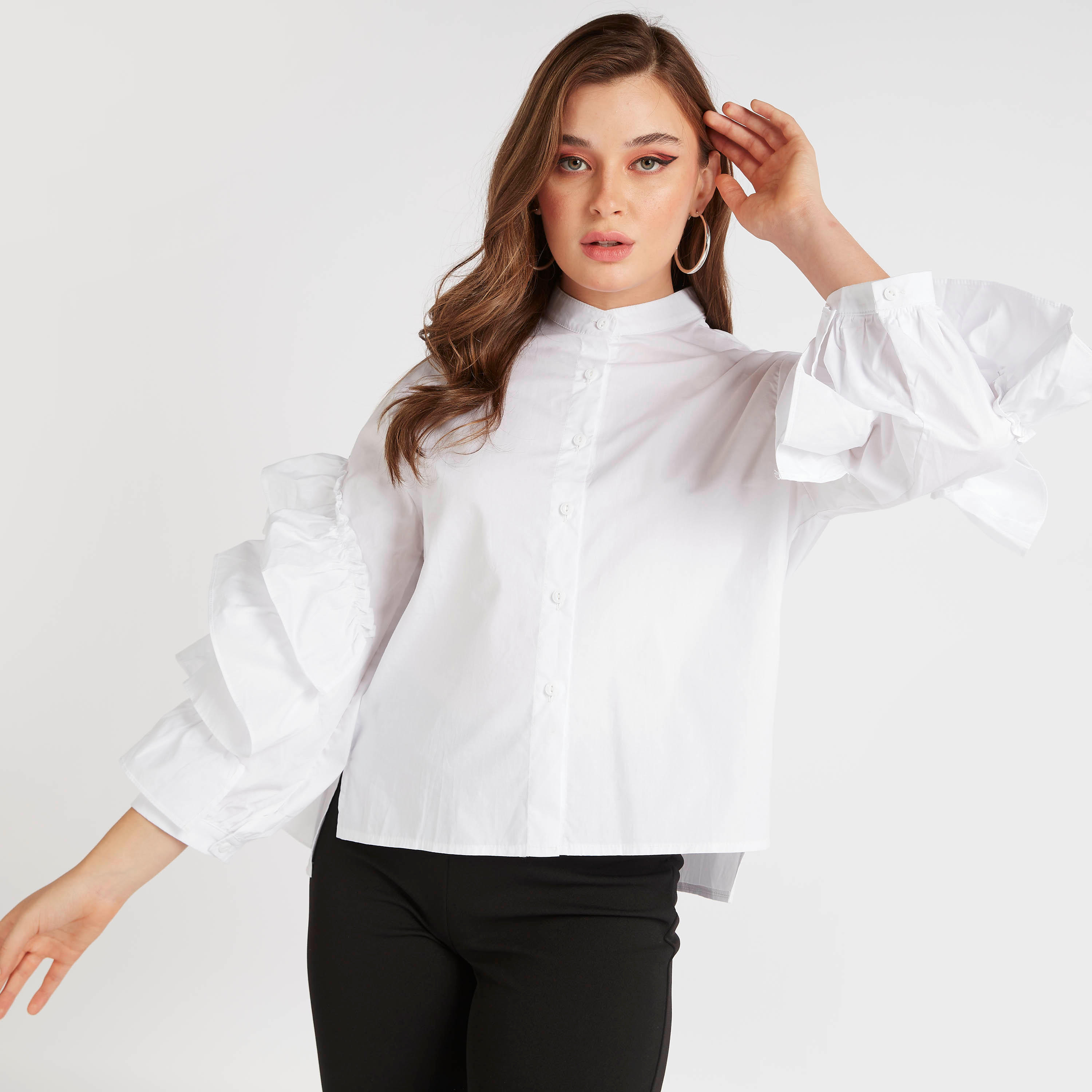 قميص سادة بياقة ماندارين وأكمام بكشكشة من تو إكستريمز-women-clothing-shirtsandblouses-shirts-image-7