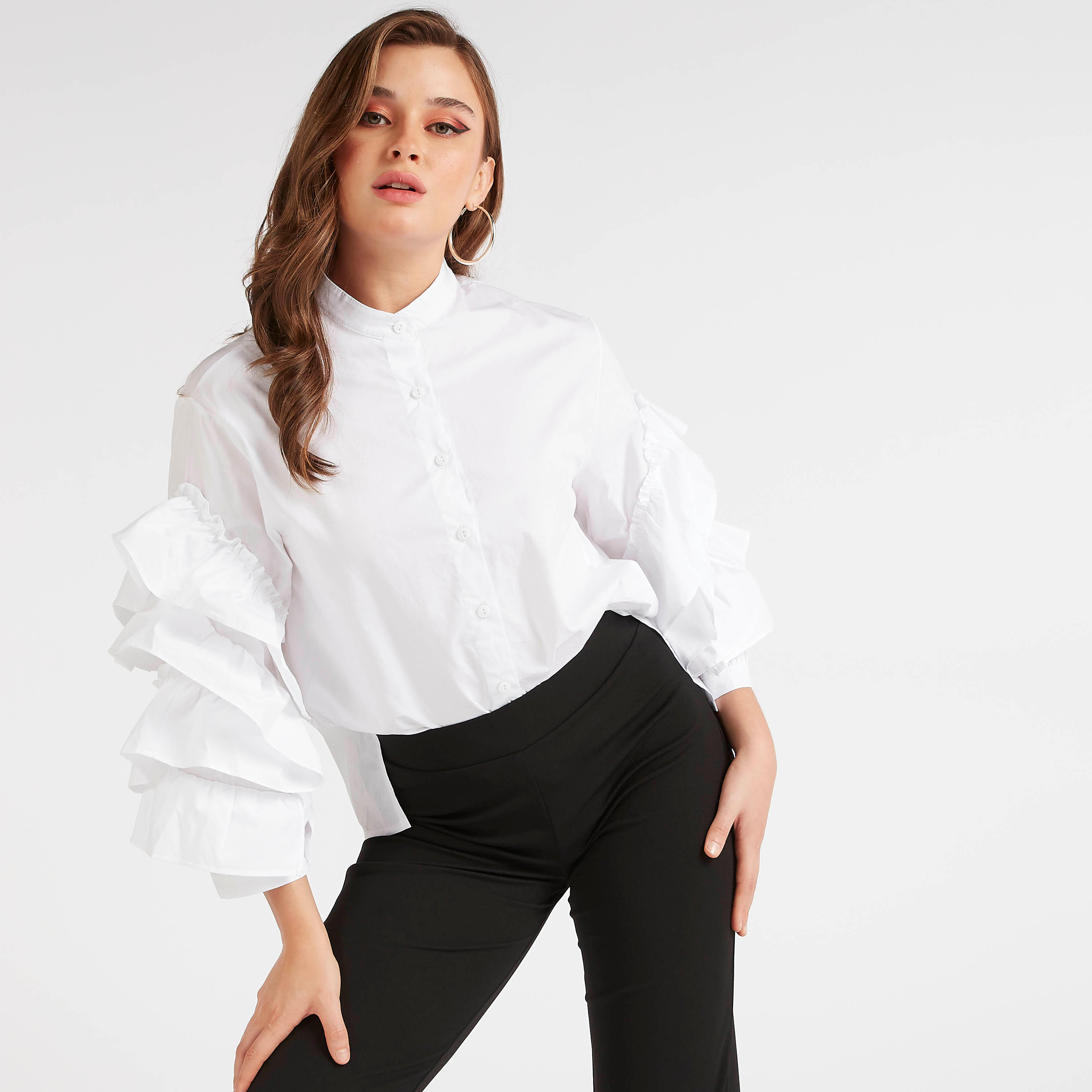 قميص سادة بياقة ماندارين وأكمام بكشكشة من تو إكستريمز-women-clothing-shirtsandblouses-shirts-image-3