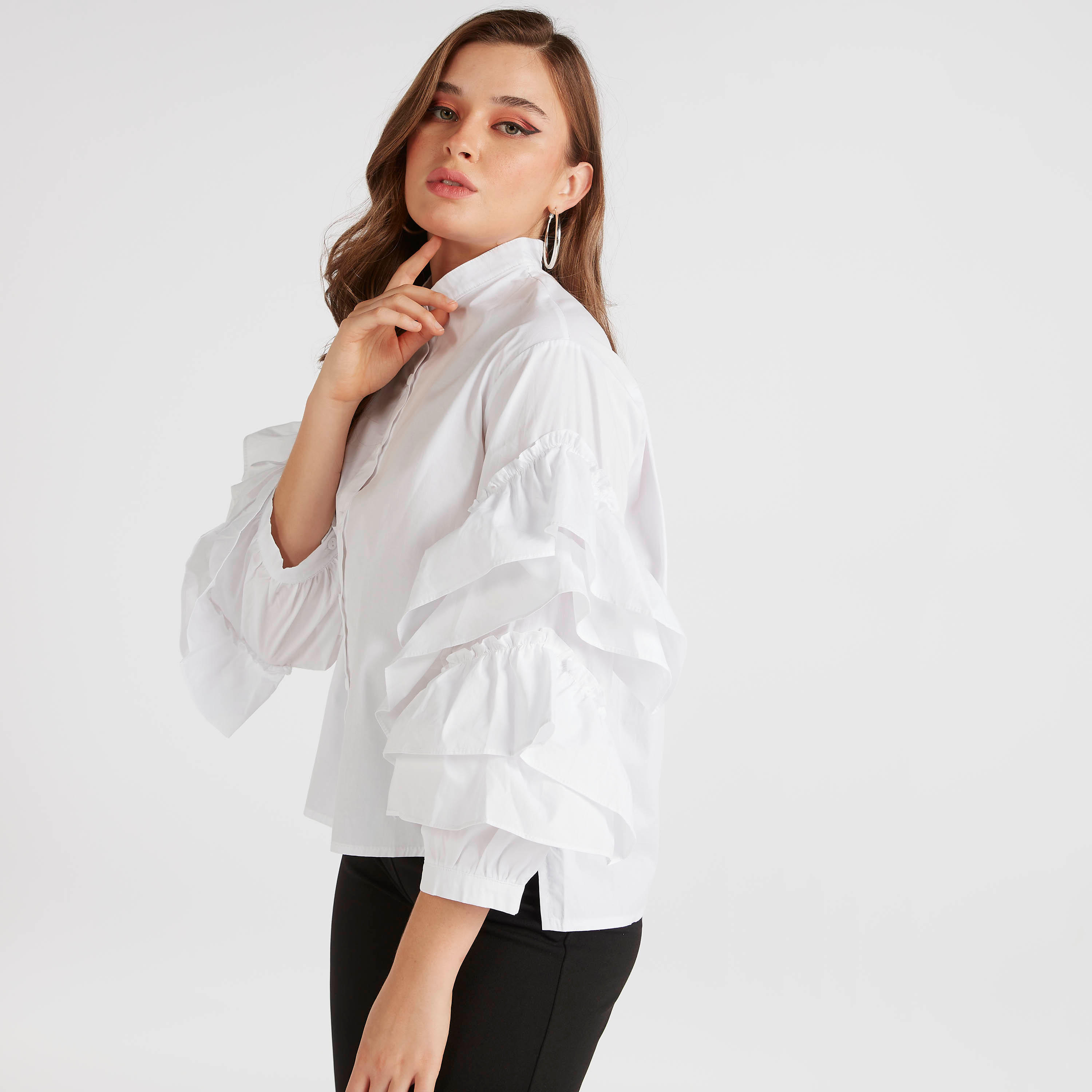 قميص سادة بياقة ماندارين وأكمام بكشكشة من تو إكستريمز-women-clothing-shirtsandblouses-shirts-image-1