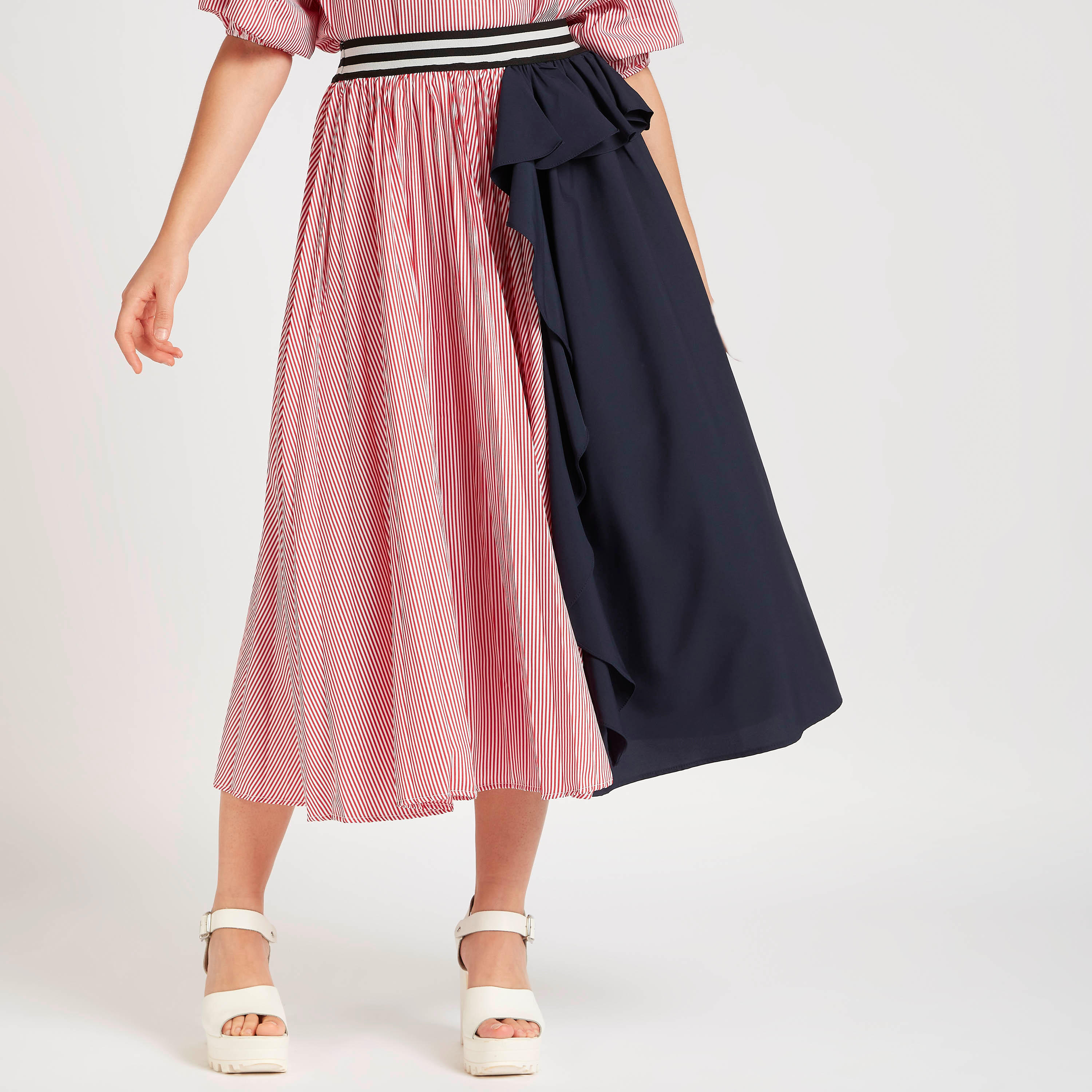 تنّورة إيه لاين مقلّمة ميدي بتفاصيل كشكشة من تو إكستريمز-women-clothing-bottoms-skirts-image-1