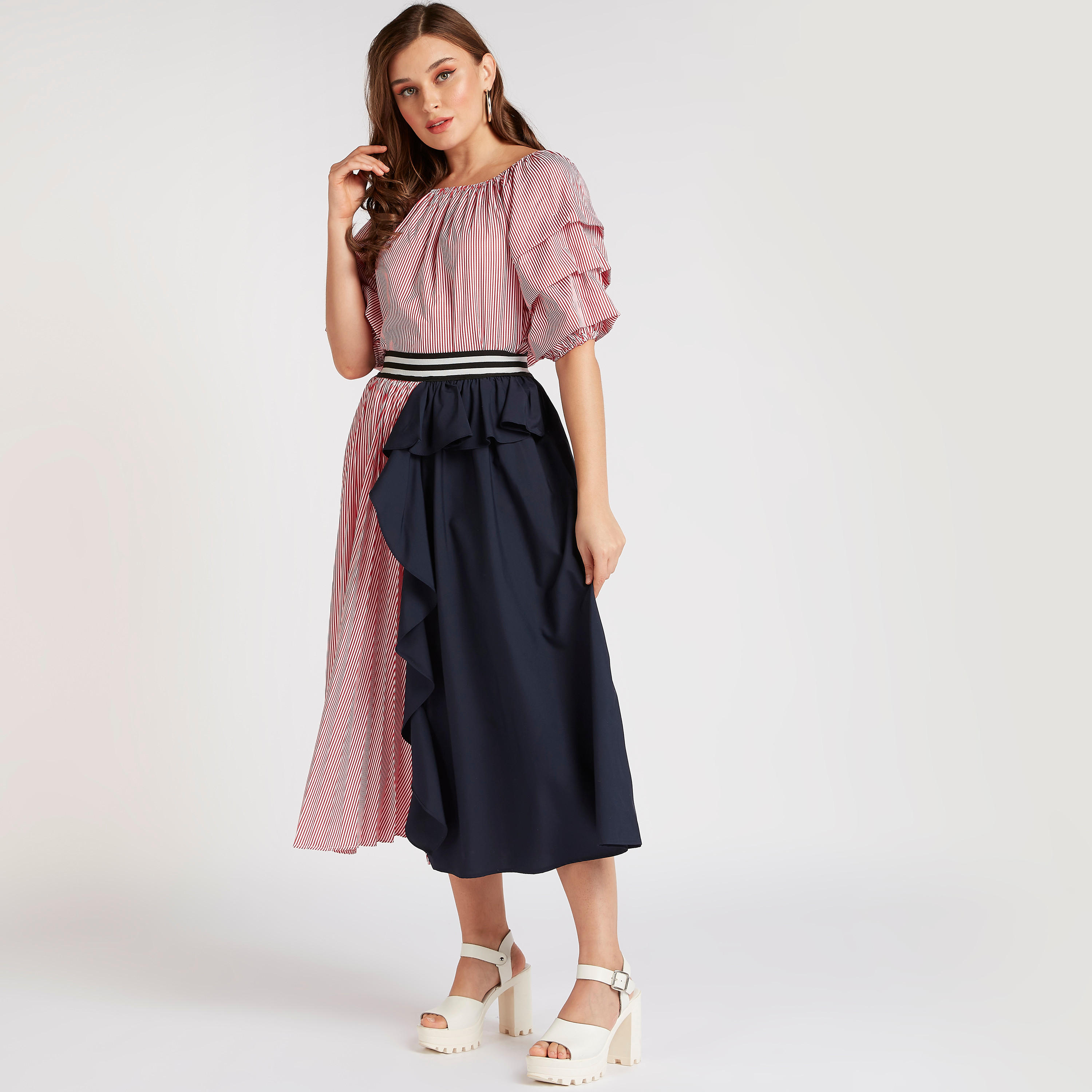 تنّورة إيه لاين مقلّمة ميدي بتفاصيل كشكشة من تو إكستريمز-women-clothing-bottoms-skirts-image-2