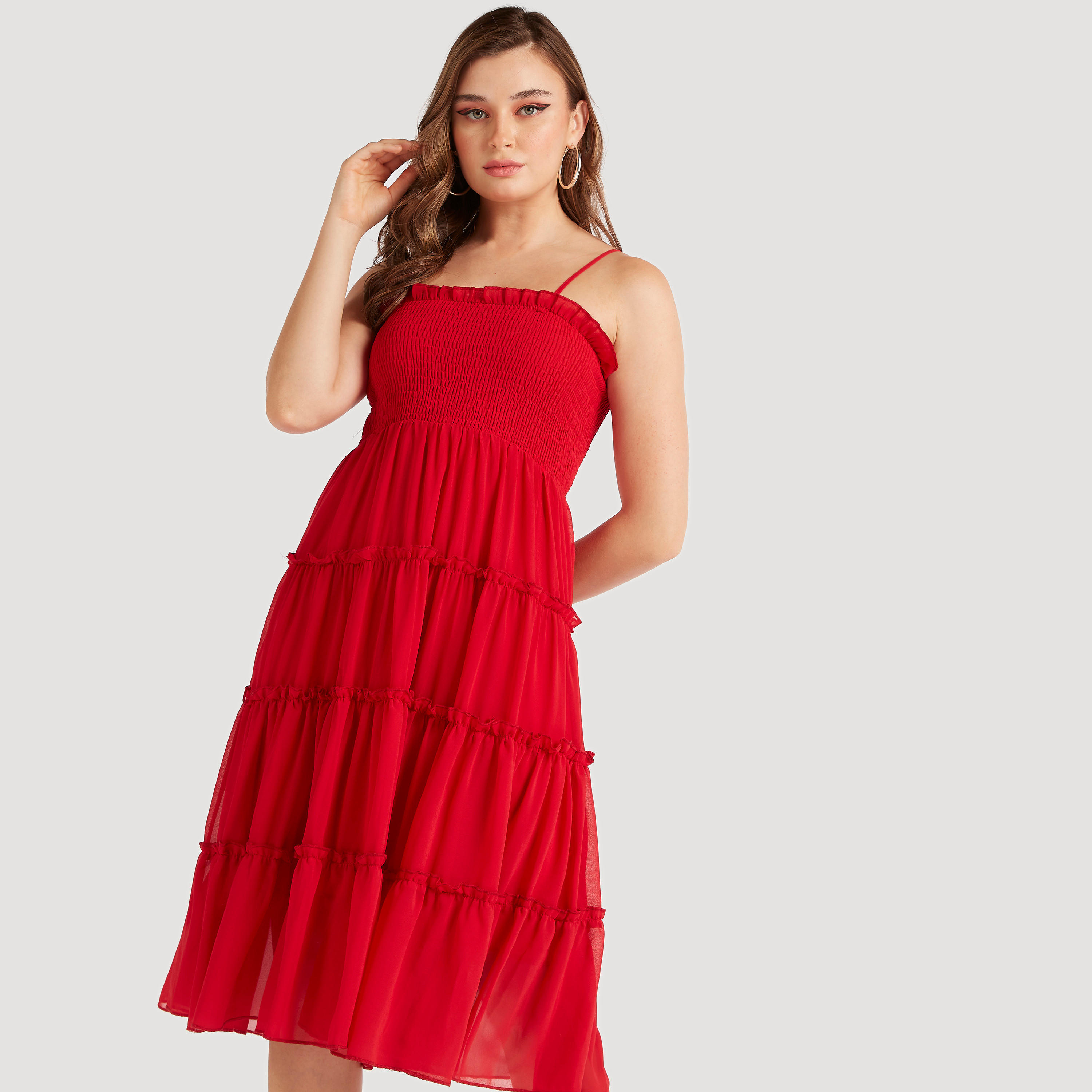 2Xtremz Solid Tiered Midi Dress with Smocked Detail-women-clothing-dresses-image-1