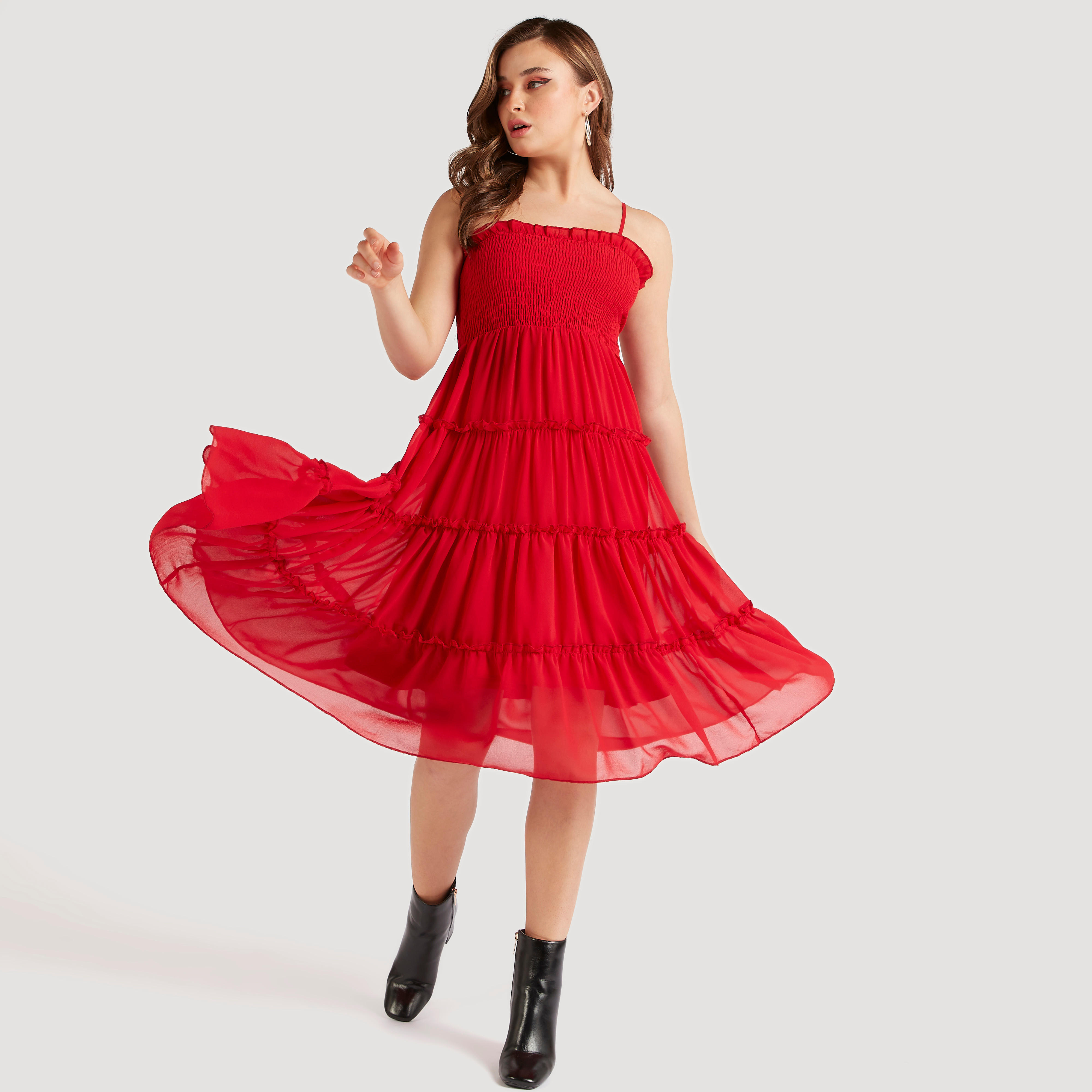 2Xtremz Solid Tiered Midi Dress with Smocked Detail-women-clothing-dresses-image-2
