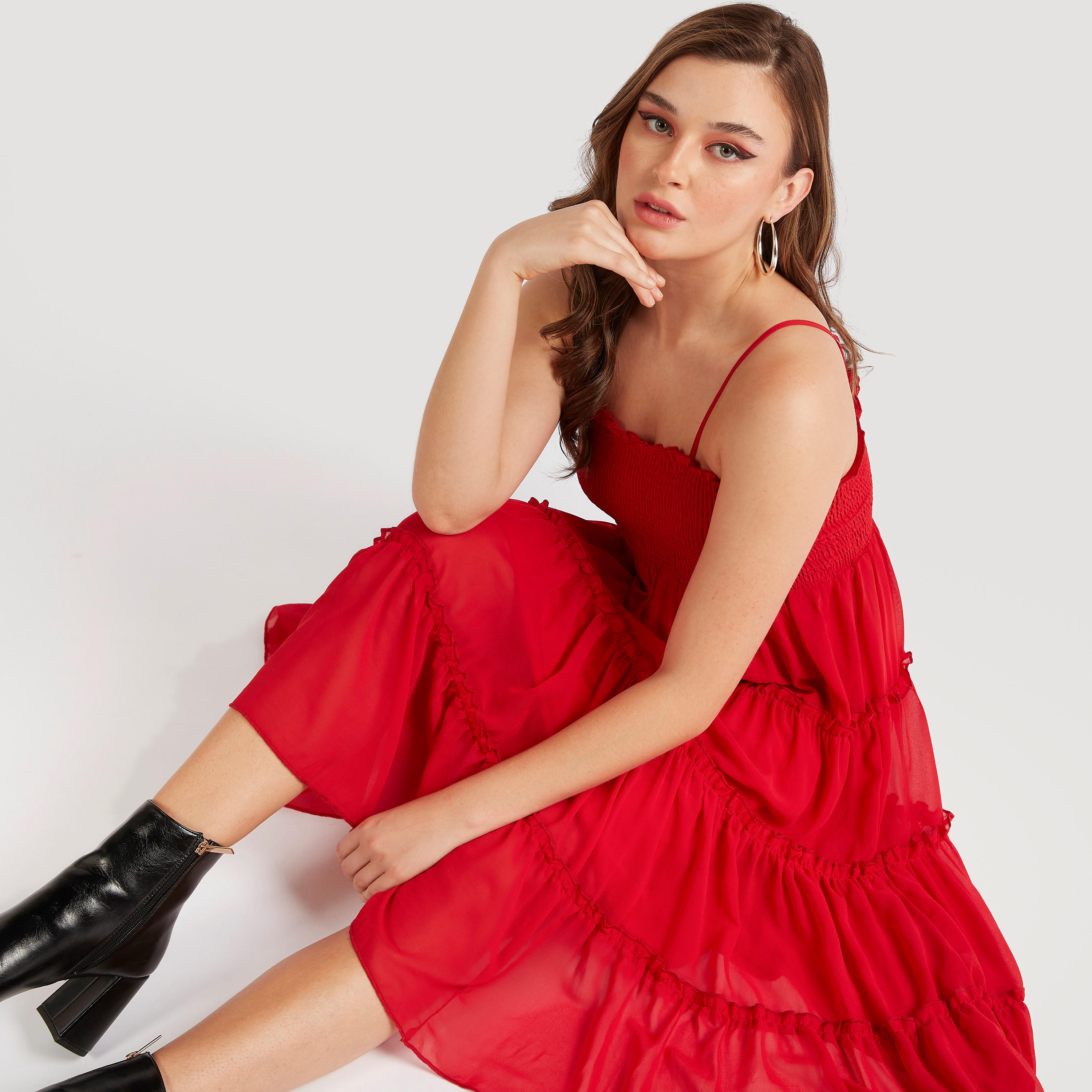 2Xtremz Solid Tiered Midi Dress with Smocked Detail-women-clothing-dresses-image-4