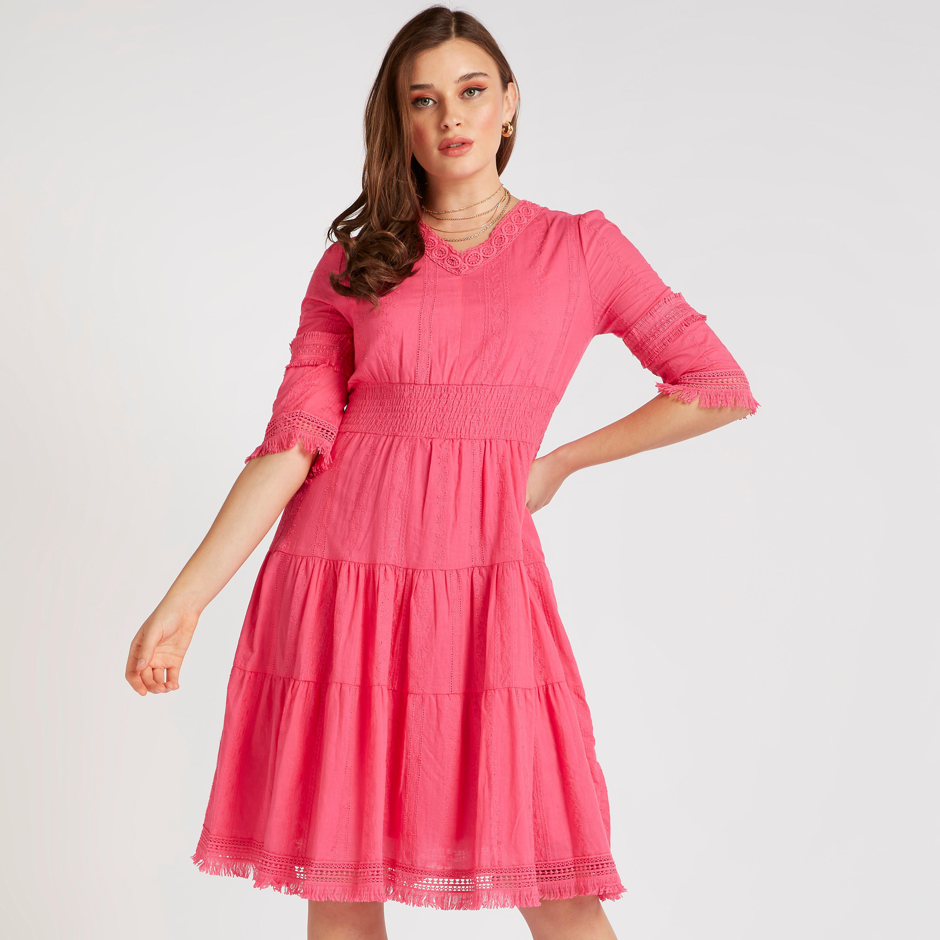 فستان ميدي إيه لاين بطبعات وياقة مستديرة وأكمام 3/4 من تو إكستريمز-women-clothing-dresses-image-1