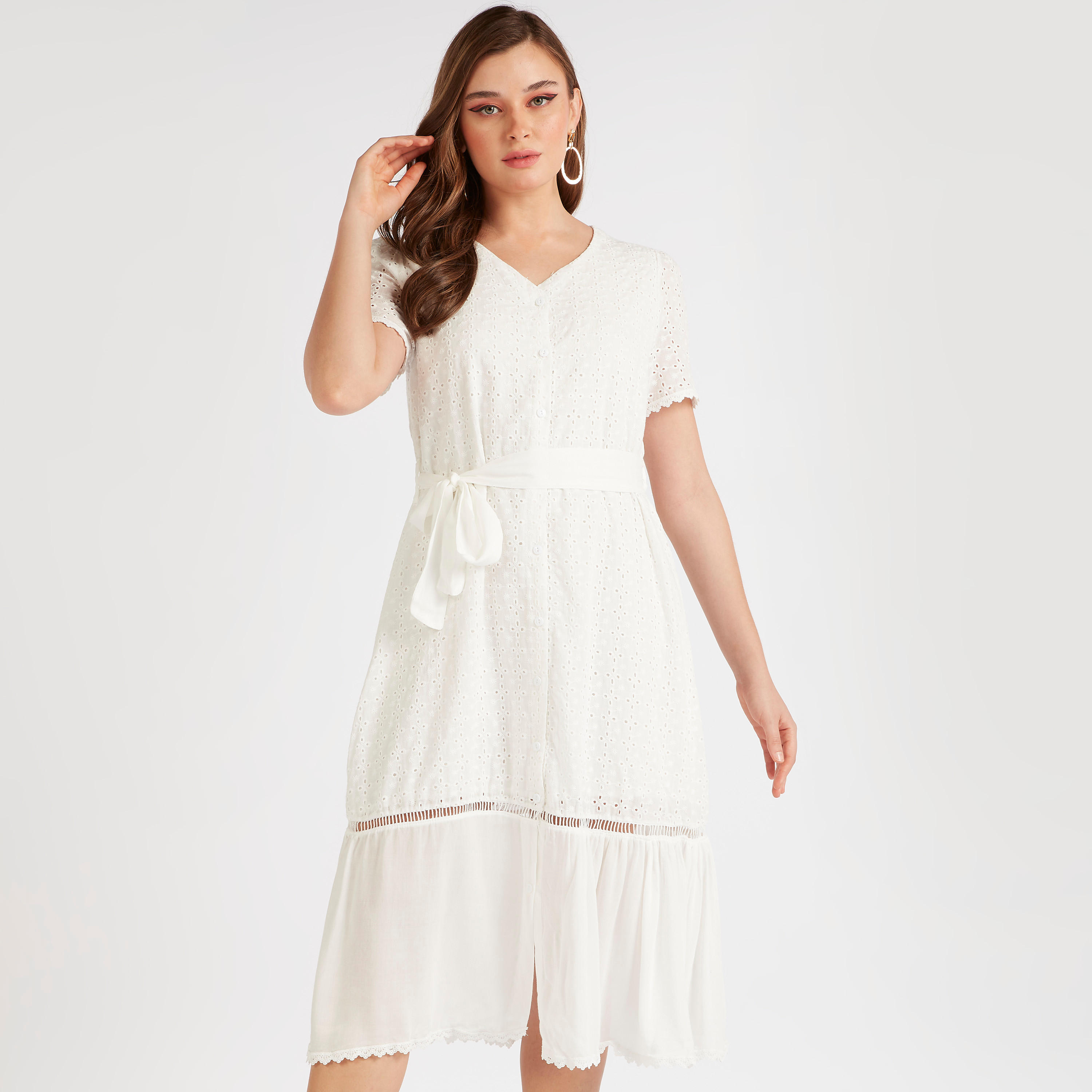 فستان ميدي بتفاصيل كشكشة وأكمام قصيرة من تو إكستريمز-women-clothing-dresses-image-1
