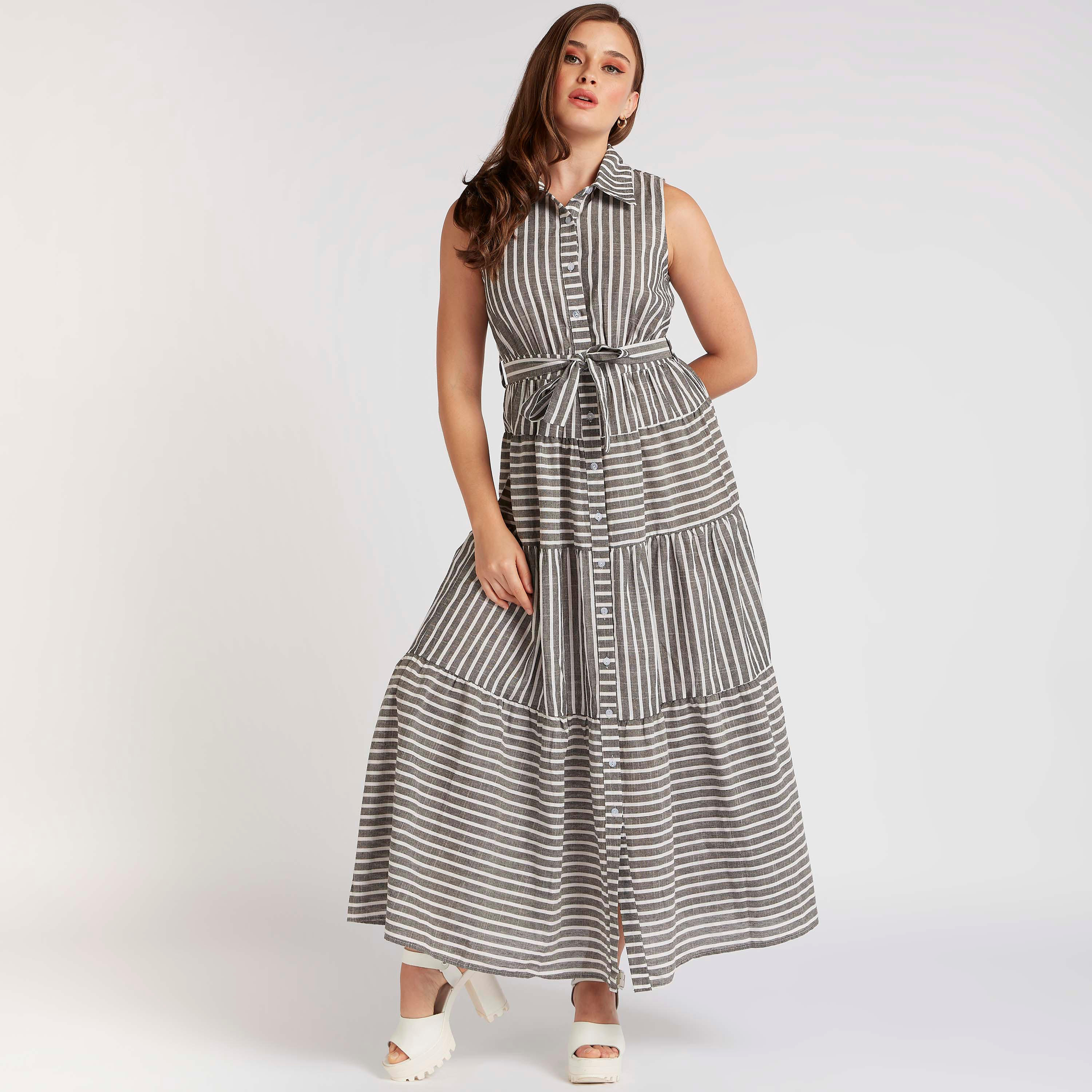 فستان طويل بياقة مخطّطة بدون أكمام متعدد الطبقات من تو إكستريمز-women-clothing-dresses-image-1