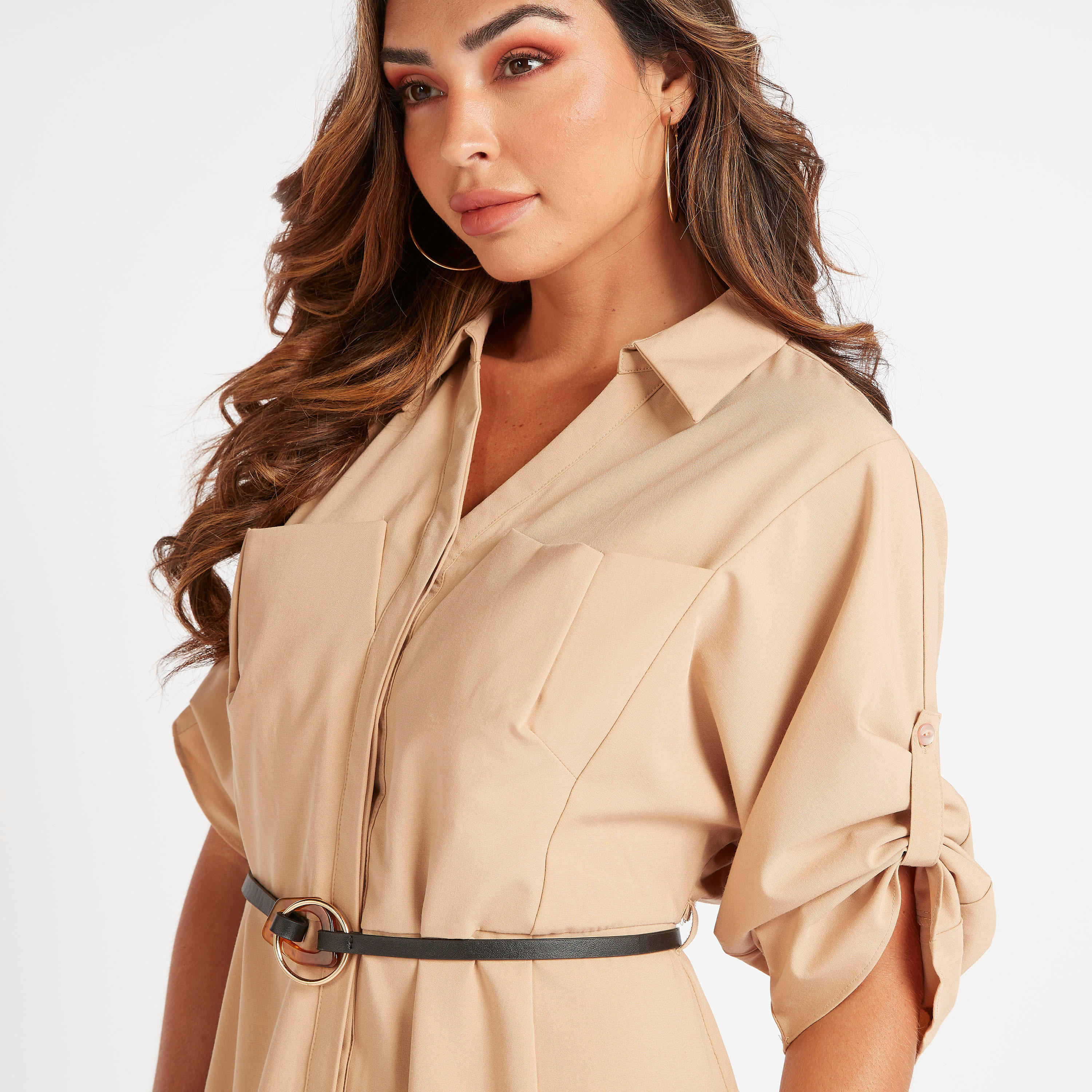 فستان قميص ميدي سادة بأكمام 3/4 وحزام من توإكستريمز-women-clothing-dresses-image-3