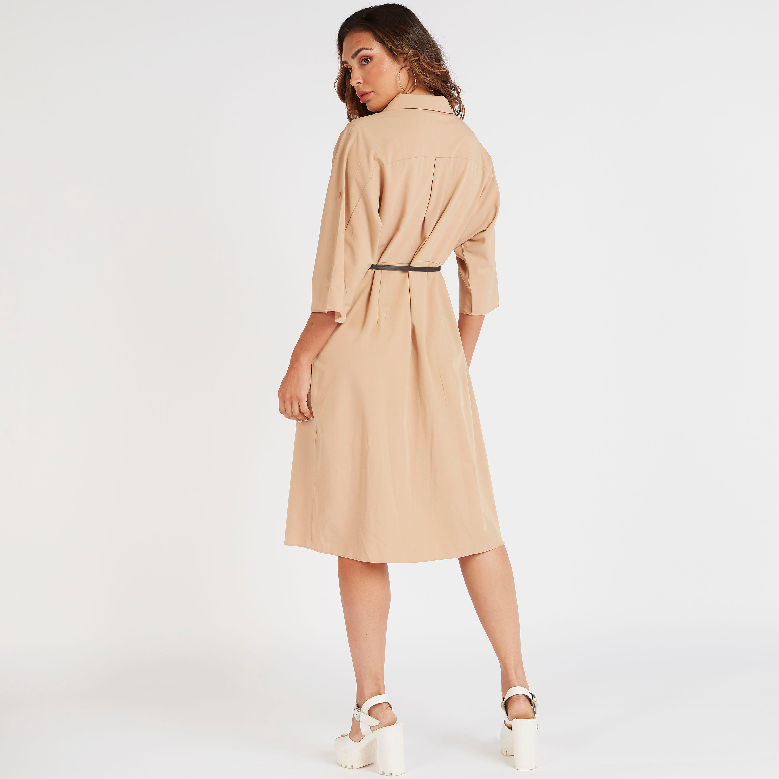 فستان قميص ميدي سادة بأكمام 3/4 وحزام من توإكستريمز-women-clothing-dresses-image-4